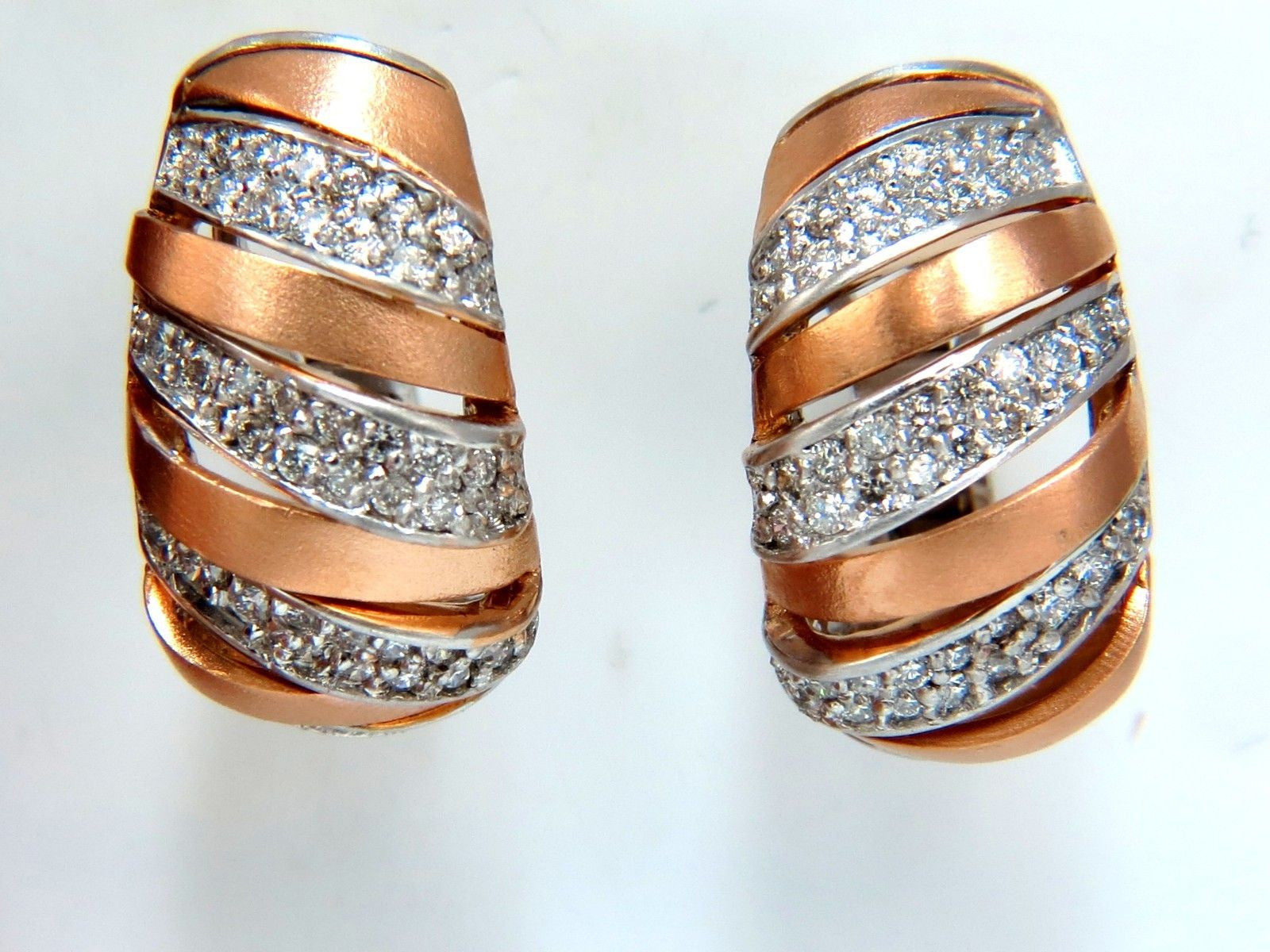 1.00CT Natural Diamonds Hoop Earrings 14K Rose Gold G/VS 3D Slant Striped Design - Perfect for Weddings, Parties & Everyday Elegance