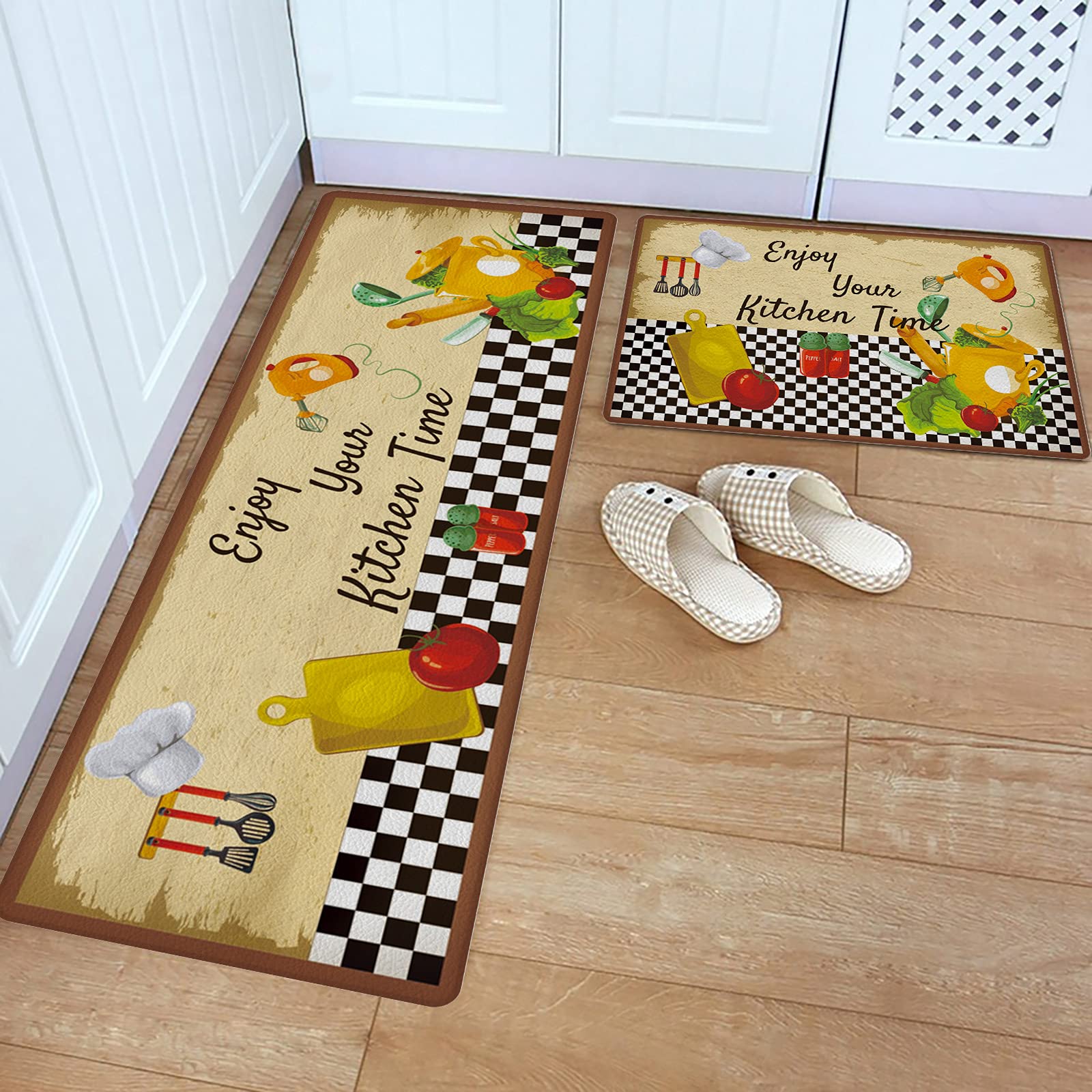 2-Piece PVC Leather Kitchen Rug Set - Non-Slip Waterproof Buffalo Check Plaid Floor Mats (18