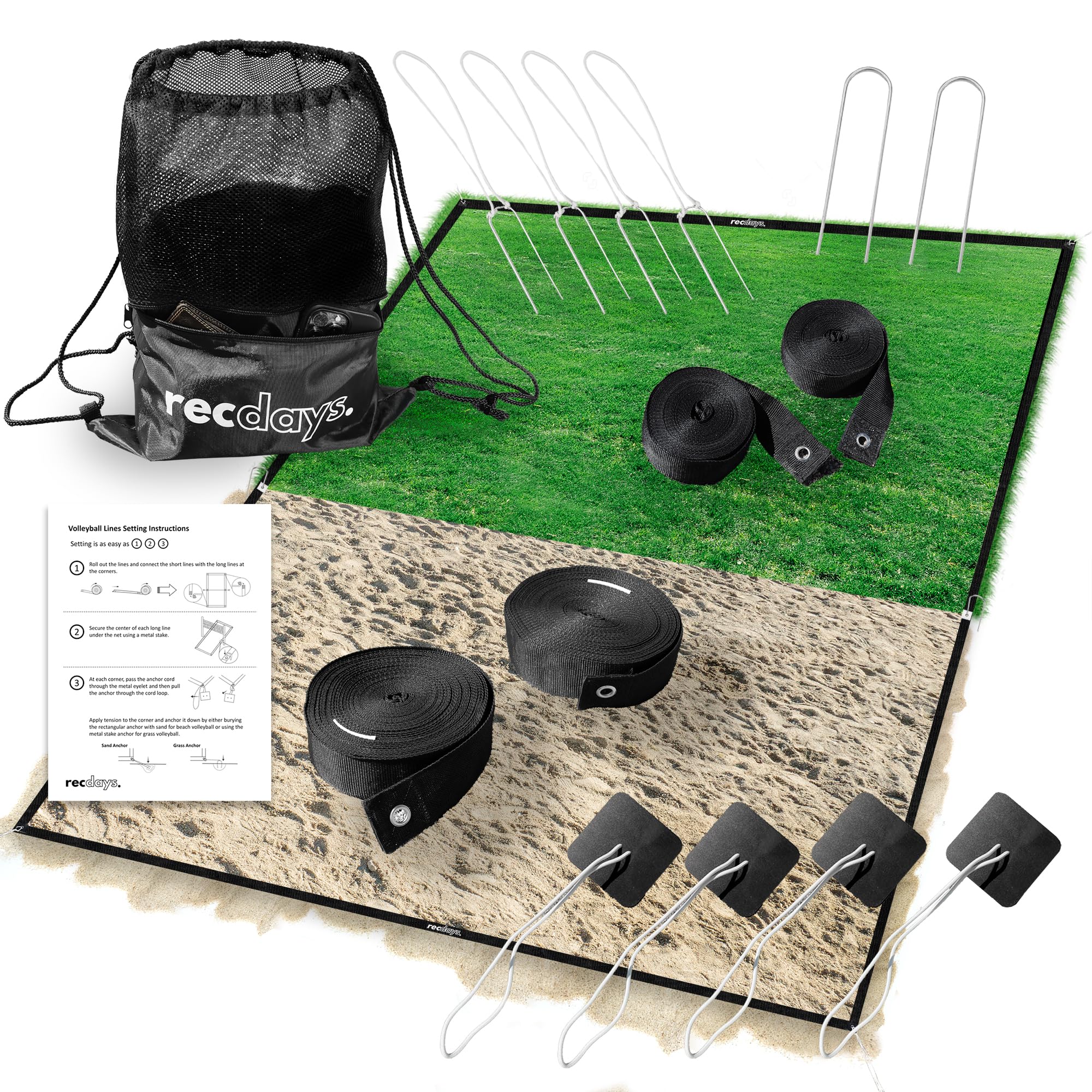 Premium 2-in-1 Volleyball Court Lines - Grass & Beach Volleyball Boundary Kit with 2