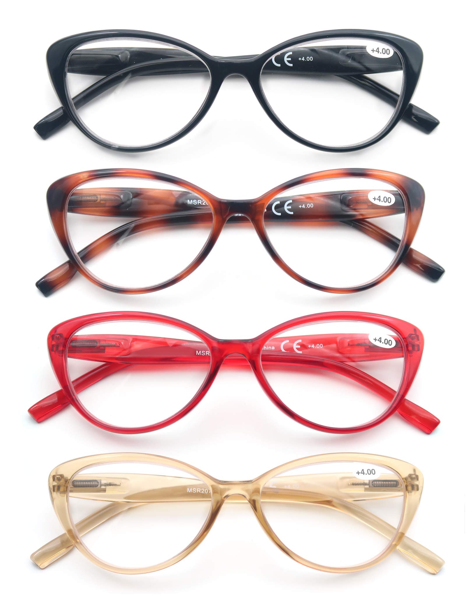 Stylish Women's Reading Glasses - 4 Pack Colorful Lightweight Readers with Comfortable Spring Hinges | Perfect for Reading, Working, and Everyday Use