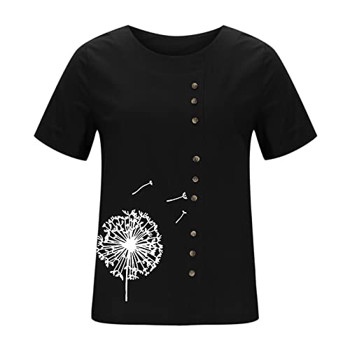 Women's Short Sleeve Floral Printed Linen T-Shirt - Summer Casual Crew Neck Blouse Top (Black, Large) | Perfect for Beach Outings, Weekend Brunch & Everyday Wear