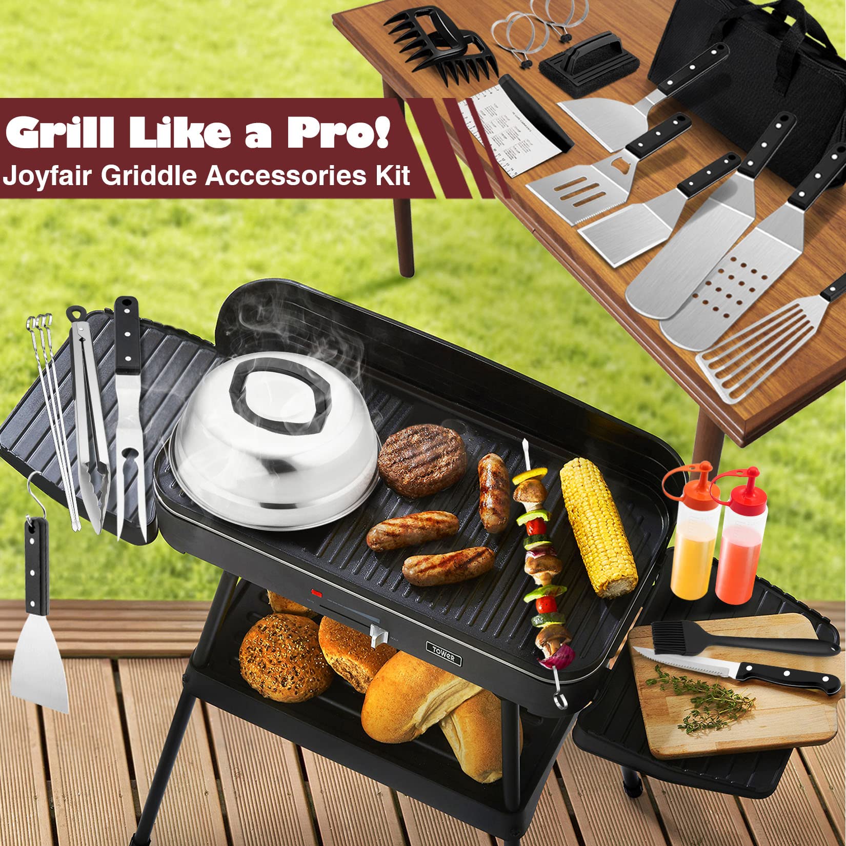 30Pcs Griddle Accessories Kit - Joyfair Flattop Grill Spatula Set with Melting Dome for Outdoor Camping BBQ | Stainless Steel Turner, Scraper, Meat Tenderizer & Carry Bag | Dishwasher Safe | Perfect for Backyard Grilling, Tailgating & Picnic Cooking