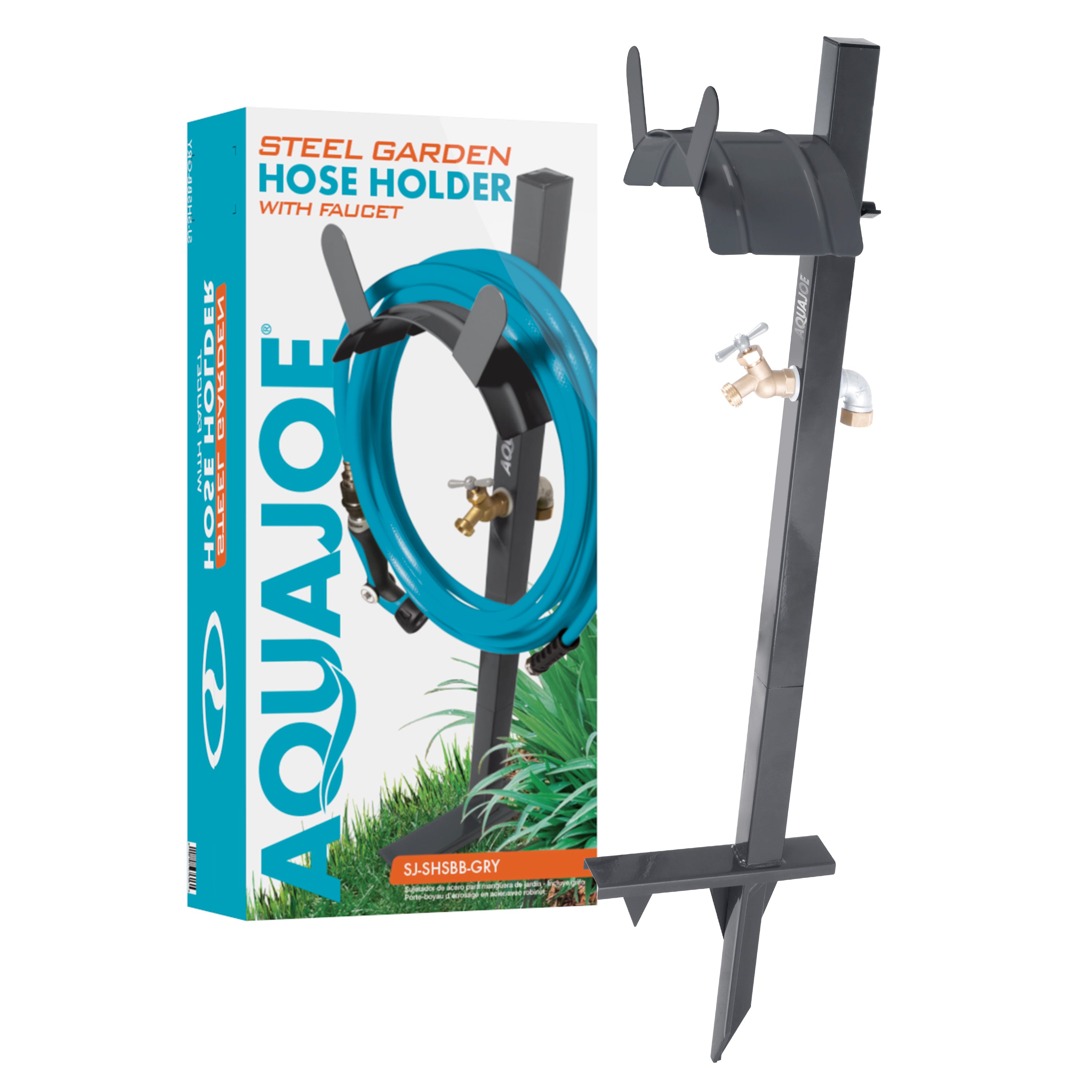 Aqua Joe SJ SHSBB GRY Heavy Duty Garden Hose Stand with Brass Faucet - Holds Up to 125 Feet of Hose (Gray) | Perfect for Backyard, Garden, and Outdoor Watering