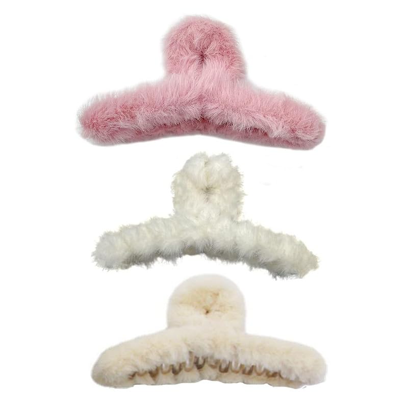 SHIDARA 3-Piece Fluffy Plush Hair Claw Clips for Women - Soft Winter Hair Clips with Super Grip for Thin, Thick & Long Hair - Elegant Hair Accessories Gift for Girls & Women (Multicolor) - Perfect for Daily Styling, Work, Parties & Special Occasions