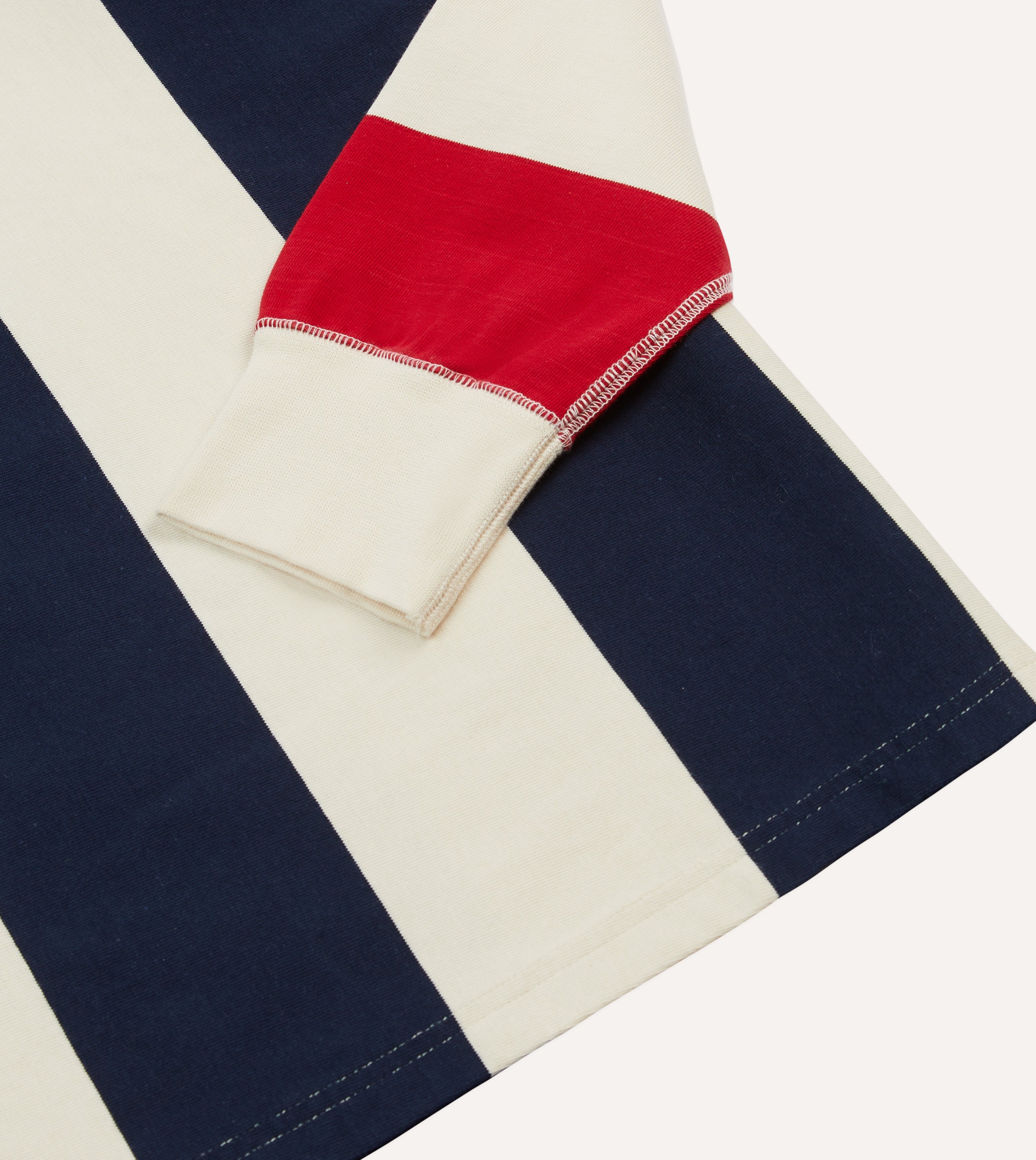 Navy, Red & Ecru Striped Cotton Rugby Shirt for Men - Classic Vertical Block Stripe Design - Perfect for Casual Wear, Sports & Outdoor Activities