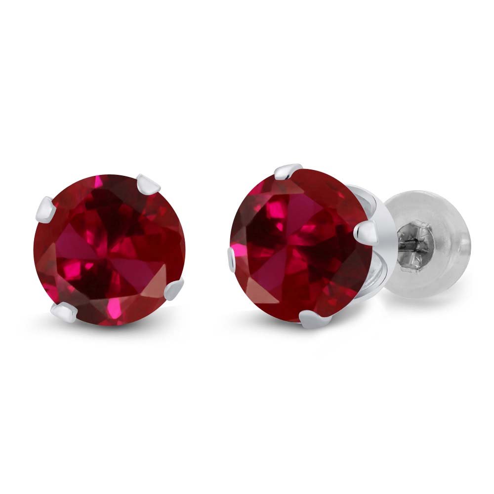 2.00 Ct Round Red Created Ruby 14K White Gold Stud Earrings for Women & Men | Genuine Gemstone Jewelry Gift for Anniversary, Birthday & Special Occasions