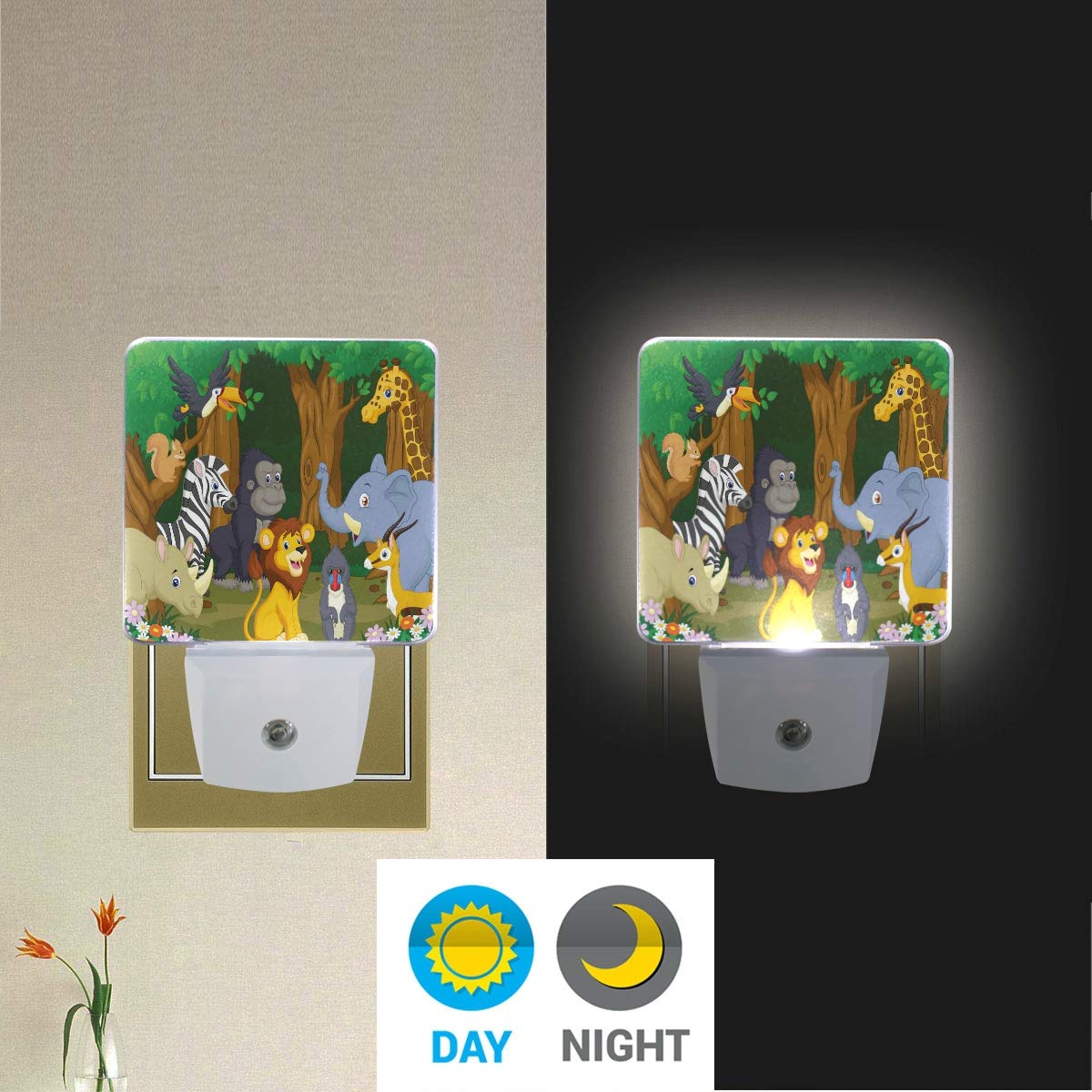 Vikko Jungle Wild Animal Cartoon Tiger Night Light - 2 Pack LED Plug-in Lamp with Dusk to Dawn Sensor for Kids & Adults - Perfect for Bedroom, Living Room, Hallway & Nursery Decor - Cute Nightlight for Safe Nighttime Navigation and Cozy Ambience