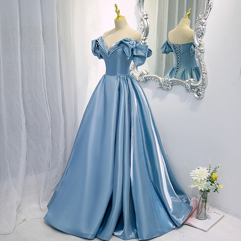 Elegant Off Shoulder Blue Satin Prom Dress for Women - Formal Evening Gown for Party, Ball, Homecoming & Special Occasions | Perfect for Prom Night, Wedding Guest & Black Tie Events