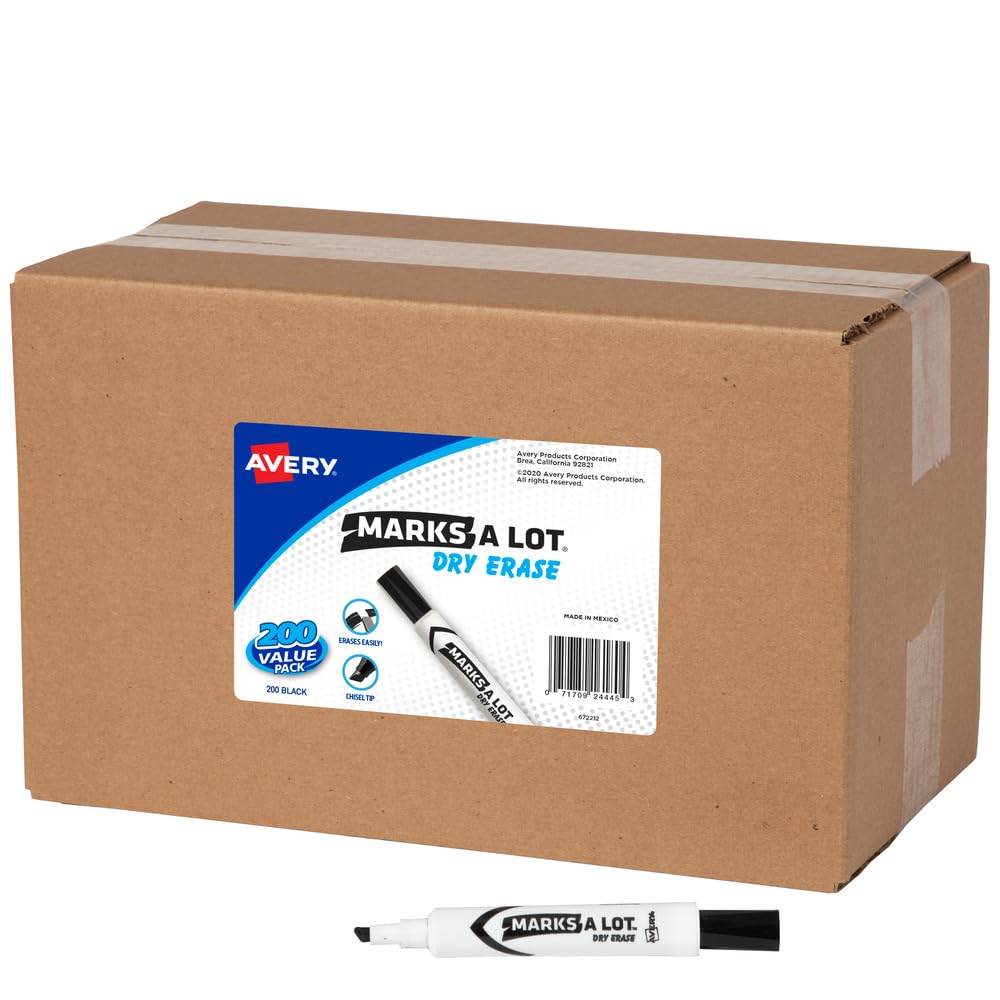**AVERY Marks A Lot Bulk Value Pack Dry Erase Markers - 200 Black Chisel Tip White Board Markers (24445) for Office, Classroom & Home Use**