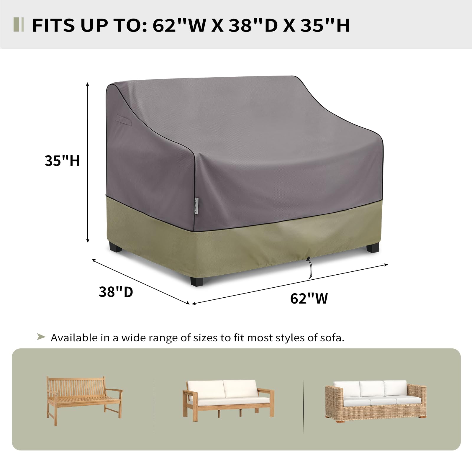 Waterproof 2-Seater Patio Loveseat Cover 62 x 38 x 35 Inches - Heavy Duty Outdoor Furniture Sofa Protector in Gray - Perfect for Garden, Deck, and Backyard Use