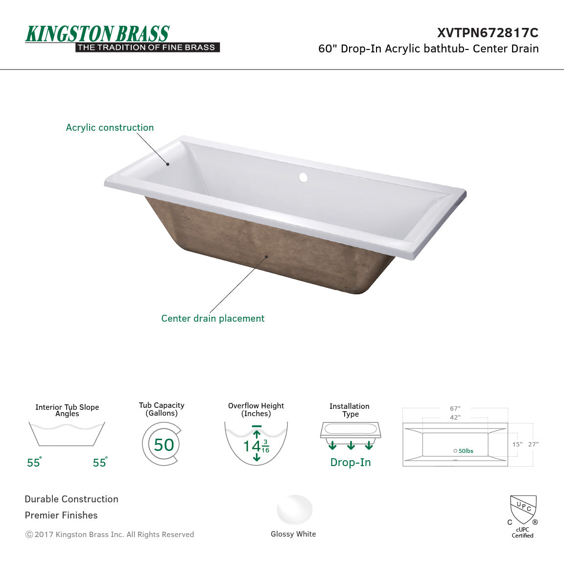 Aqua Eden 67-Inch Acrylic Rectangular Drop-In Bathtub with Center Drain - Glossy White Freestanding Soaking Tub for Modern Bathroom & Spa Relaxation