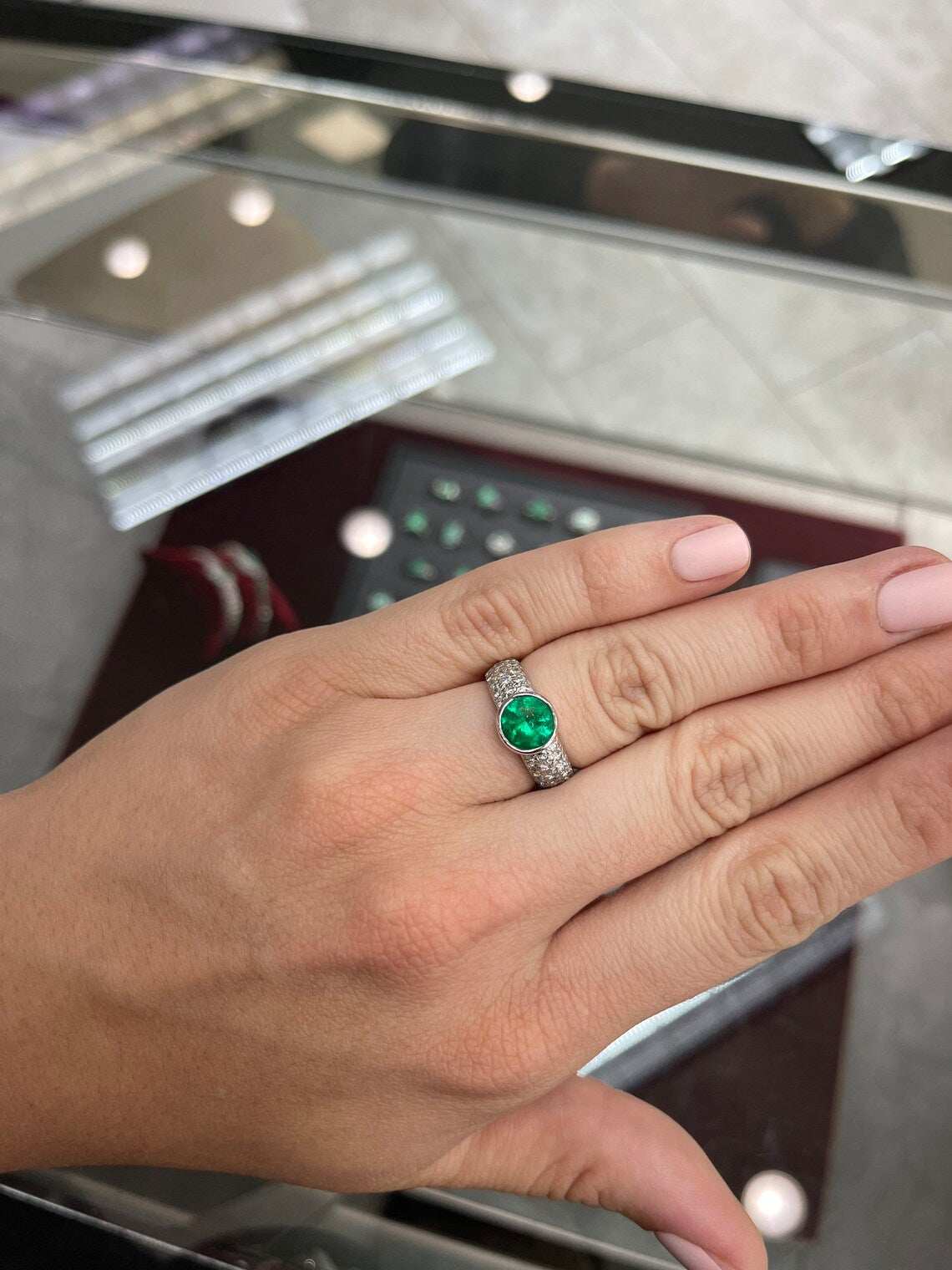 1.82tcw Round Bezel Set Vivid Green Emerald Triple Row Pave Shank 18K White Gold Ring for Women | Elegant Wedding Band, Anniversary Gift & Luxury Jewelry