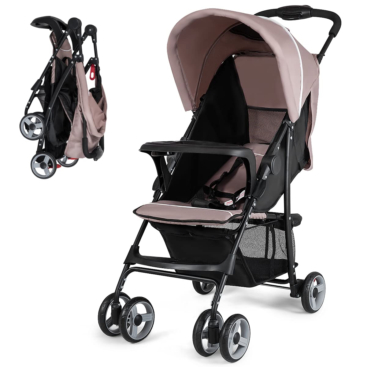 Baby Joy Lightweight Compact Travel Stroller for Toddlers & Infants - Adjustable Backrest, Footrest & Canopy with 5-Point Safety Harness, Storage Basket & One-Hand Fold - Perfect for Airplane Travel, Shopping & Daily Walks (Coffee Color)