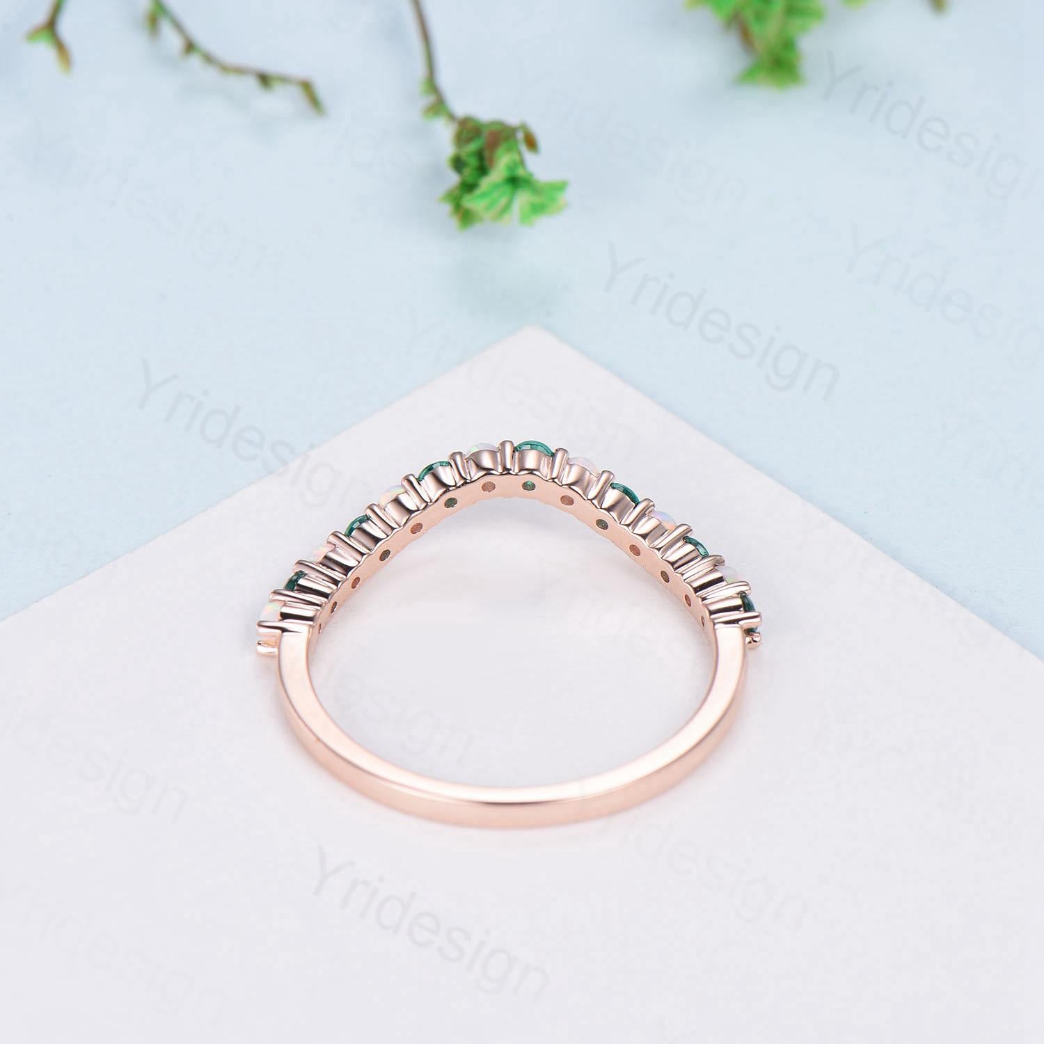 Curved Opal Wedding Ring - Half Eternity Opal & Emerald Wedding Band in Sterling Silver or 14K Rose Gold - Hexagon Cut Anniversary Stacking Ring for Bridal Jewelry & Special Occasions
