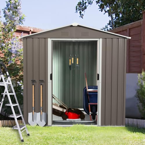 6x5 FT Outdoor Metal Garden Storage Shed with Side Window - Utility Tool Shed with Sloping Roof, Air Vents & Lockable Sliding Doors - Durable Backyard Lawn Storage House (Grey, 6x5) - Perfect for Storing Gardening Tools, Lawn Mowers & Outdoor Equipment