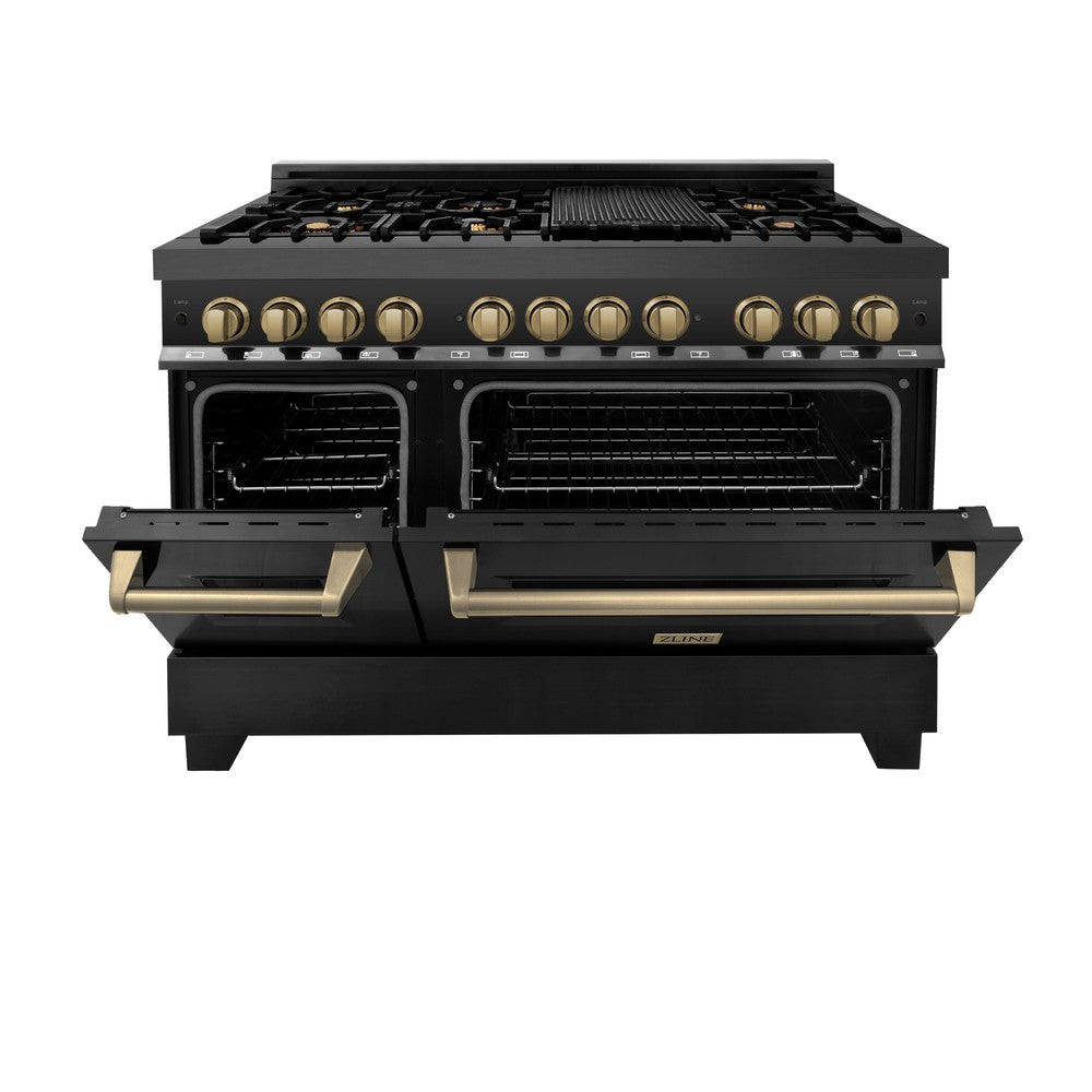 ZLINE Autograph Edition 48-inch Black Stainless Steel Kitchen Package - Dual Fuel Range, Range Hood, Dishwasher & Champagne Bronze Refrigerator | Premium Kitchen Appliances for Modern Homes & Professional Chefs