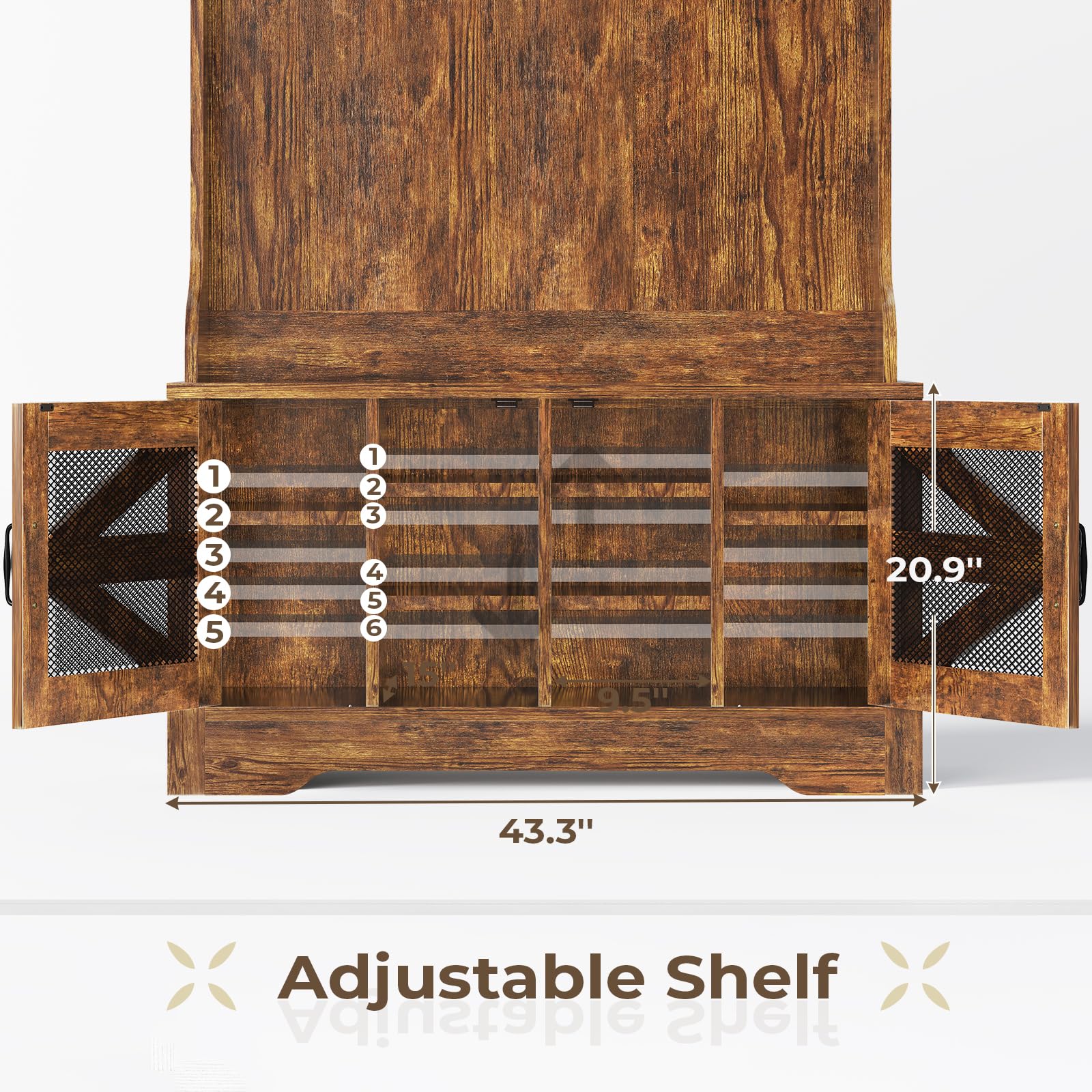 Itaar 5-in-1 Hall Tree Entryway Bench with Shoe Storage - Rustic Brown Coat Rack with 10 Shoe Cubbies, 9 Coat Hooks, Barn Door & Adjustable Shelf - Perfect for Mudroom, Foyer & Small Space Organization