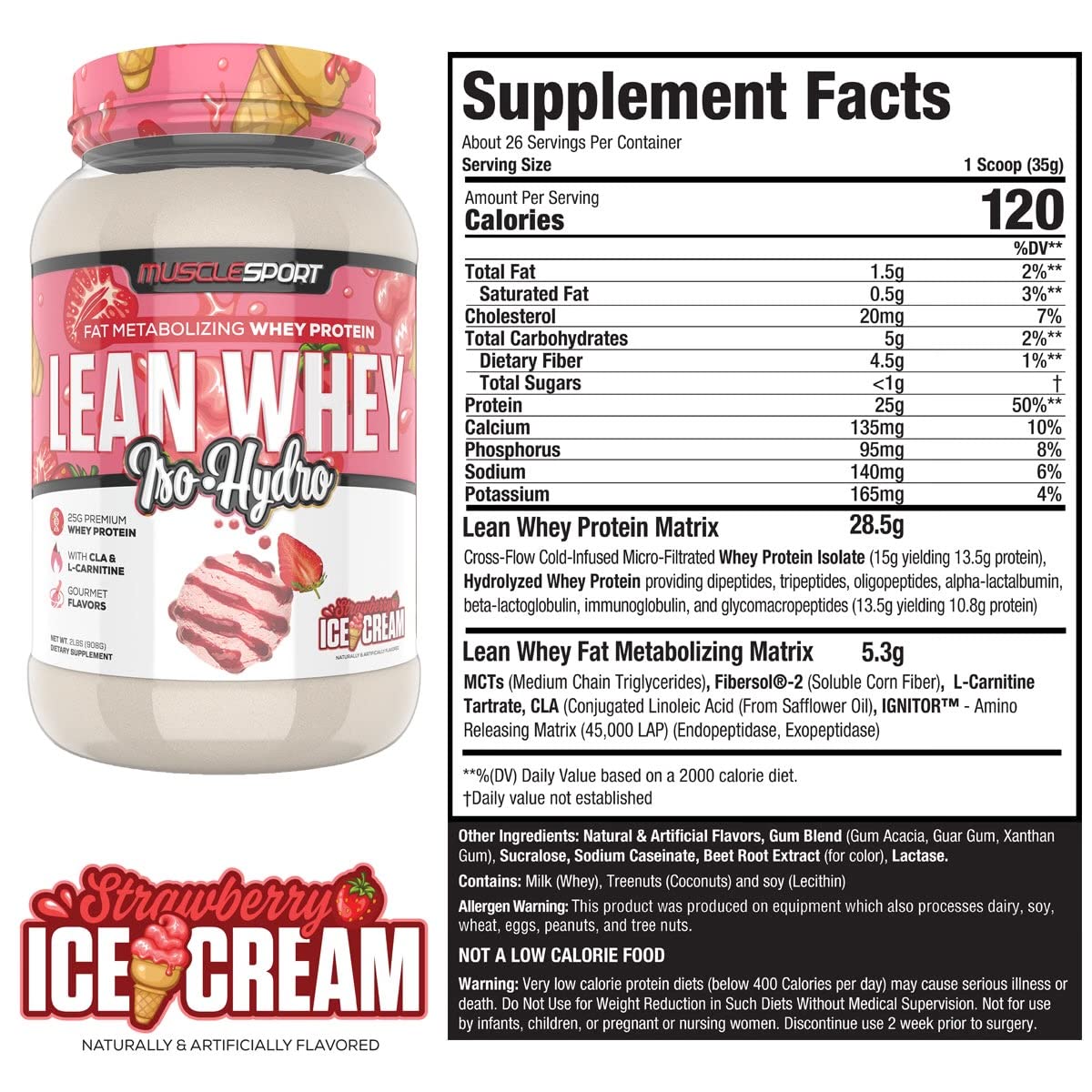 Musclesport Lean Whey Revolution™ Protein Powder - Whey Protein Isolate, Low Calorie Low Carb Low Fat, 25g Protein per Scoop - Strawberry Flavor (2LB) | Post-Workout Recovery, Meal Replacement, Weight Management & Muscle Building Supplement