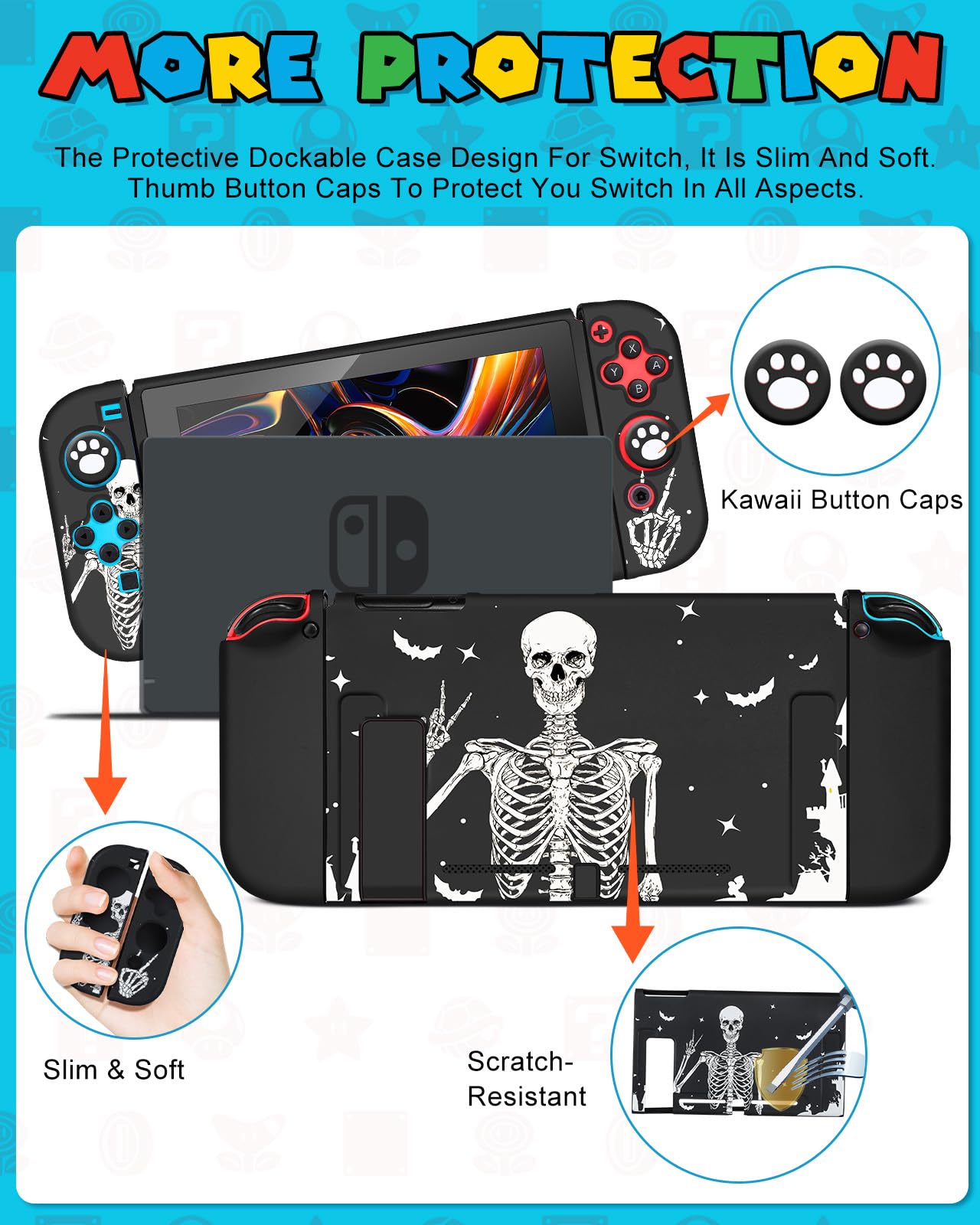 9-in-1 Skull Skeleton Nintendo Switch Case Bundle - Protective Carrying Case with Thumb Grips, Game Holder, Dockable Skin, Shoulder Strap & Stickers - Perfect for Travel, Gaming Parties & Switch Accessories Storage