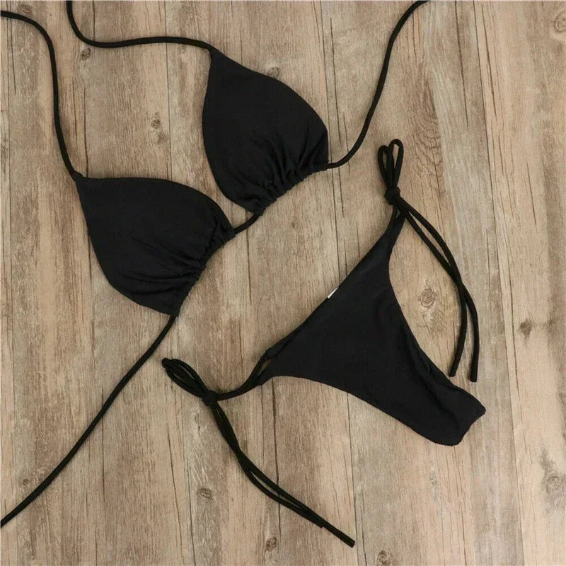 2 Pcs Women's Sexy Solid Color Bikini Set - Halter Neck Strap Thong Swimwear Bathing Suit for Beach, Pool Party & Summer Vacation
