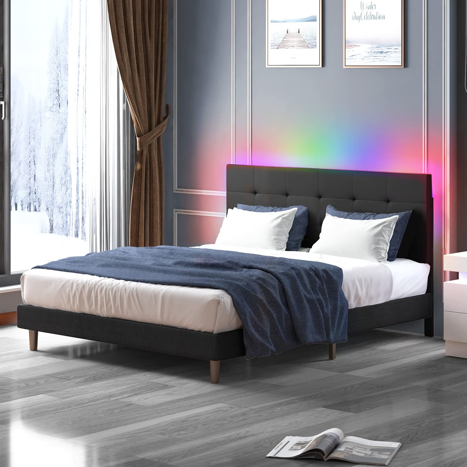 Queen Size Bed Frame with Smart RGB LED Lights & Adjustable Headboard - Button Tufted Linen Fabric Upholstered Platform Bed, No Box Spring Needed (Black) - Perfect for Modern Bedrooms, Gaming Rooms & LED Lighting Enthusiasts