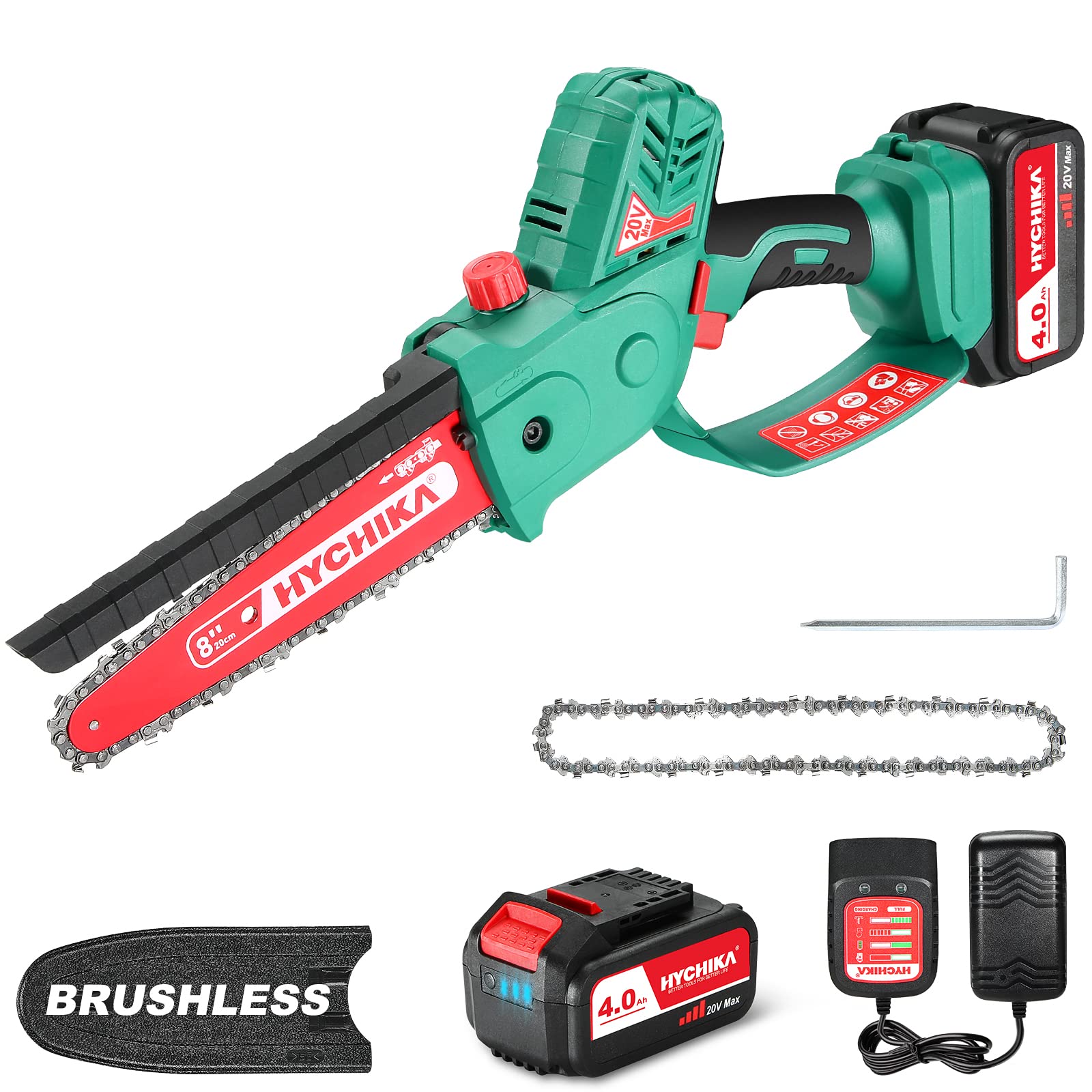 HYCHIKA 18V 8-Inch Brushless Electric Mini Chainsaw with 4.0Ah Battery & 2 Chains - Lightweight Handheld Chainsaw for Tree Branch Cutting, Pruning, Gardening & Woodworking | Perfect for DIY Projects, Yard Maintenance & Forestry Work