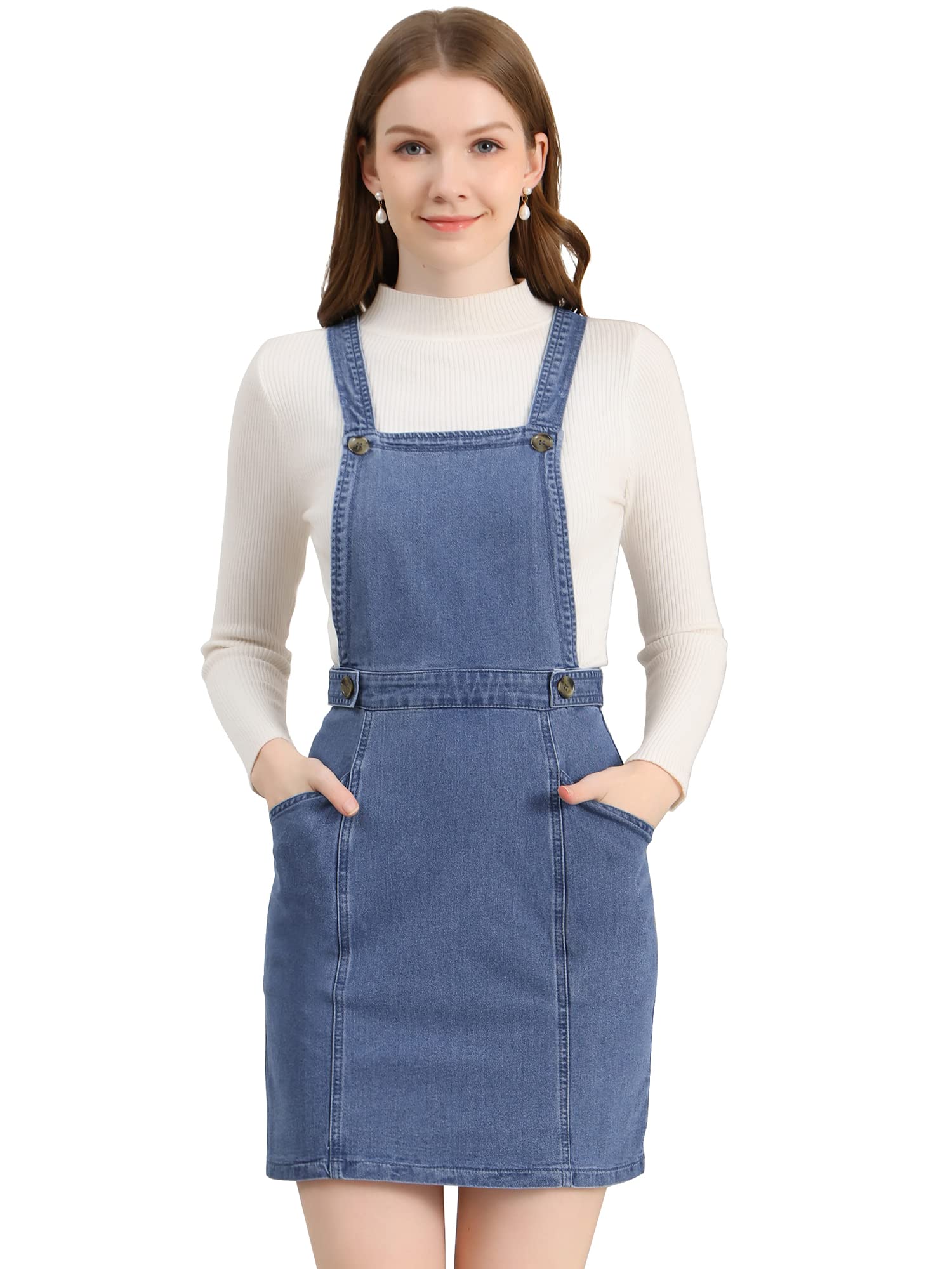 Allegra K Women's Classic Denim Pinafore Dress with Adjustable Straps - Casual Overalls for Women, Vintage Suspender Skirt - Perfect for Spring Outfits, Brunch Dates & Weekend Street Style
