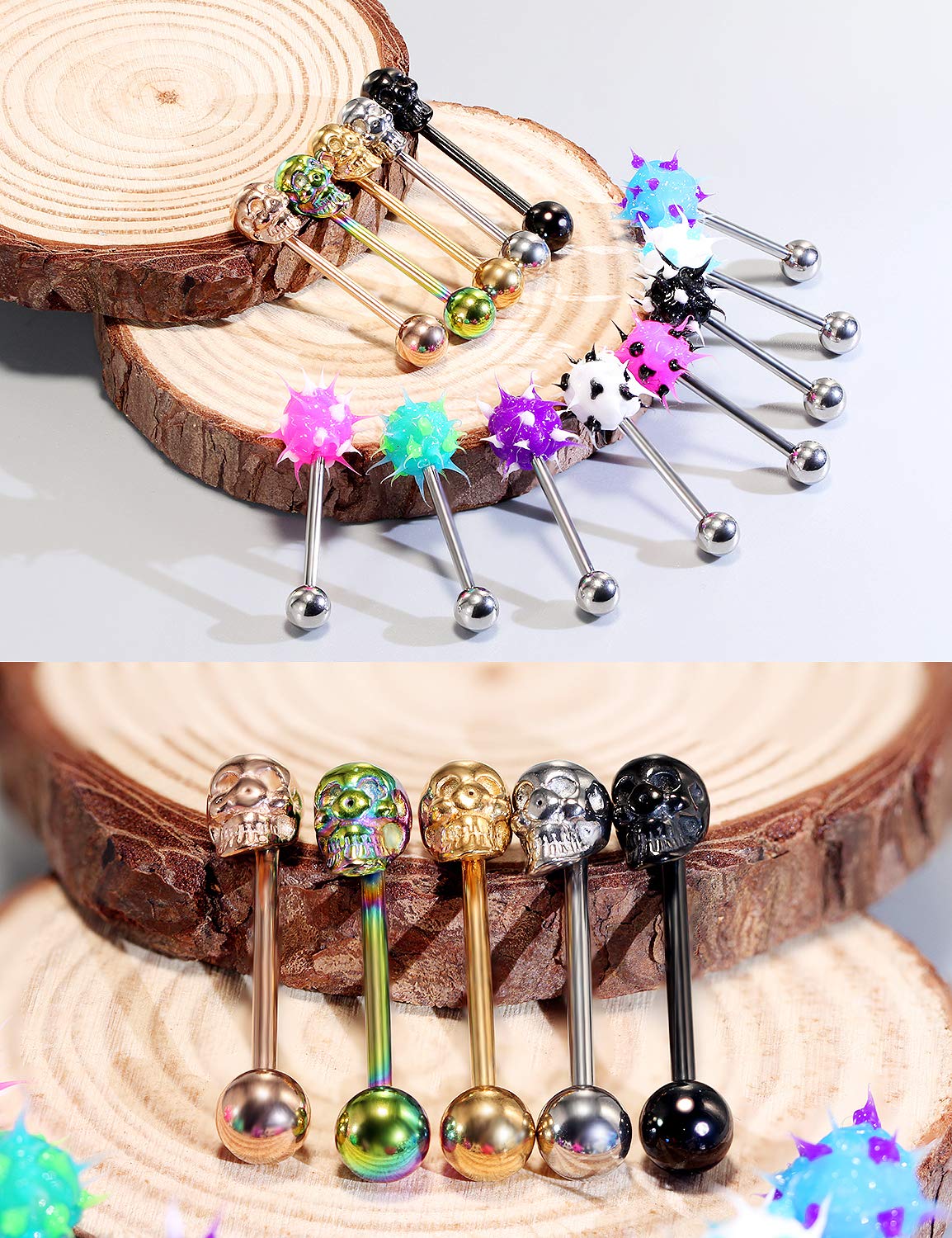 14G Surgical Steel Tongue Rings - 13PCS Skull & Koosh Spiky Tongue Jewelry Set with Silicone Soft Spike Balls for Men & Women | Perfect for Piercing Enthusiasts, Alternative Fashion & Self-Expression