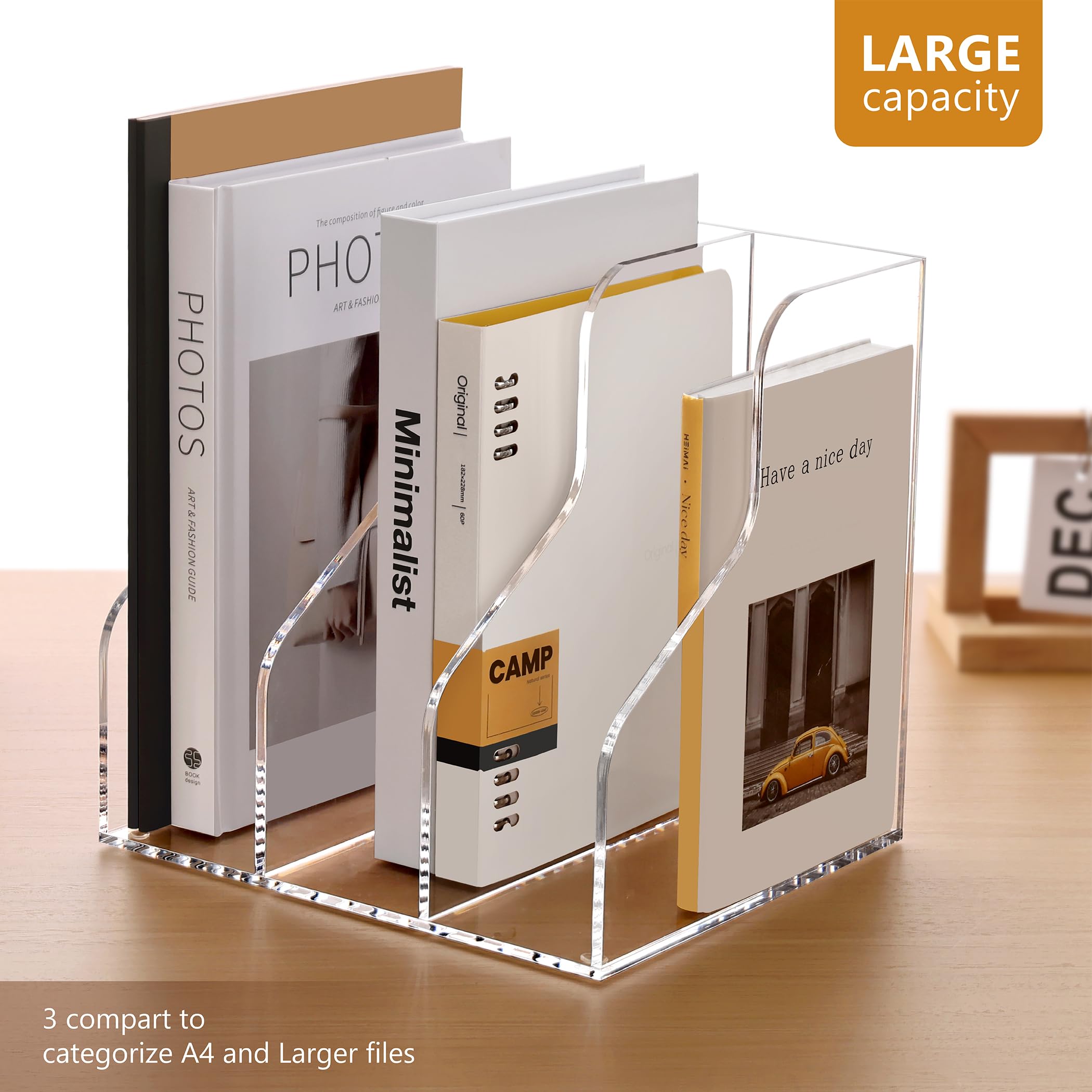 SANRUI Clear Acrylic Desk Organizer - 3 Compartment File Holder for Office & Home Organization