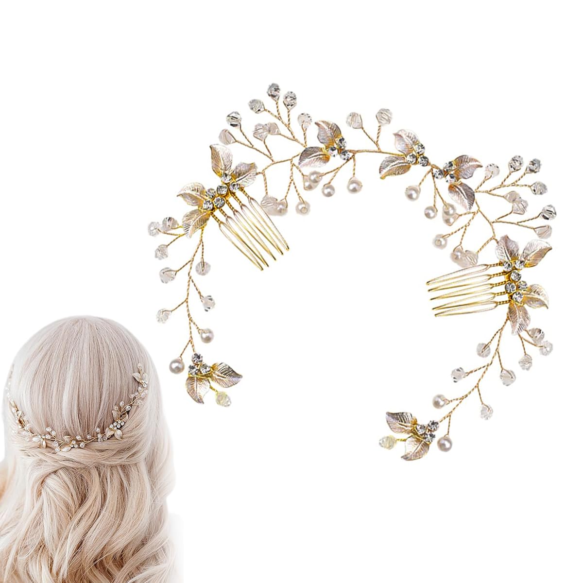 SANNIDI® Bridal Hair Accessories - Vintage Gold Leaf Pearl Crystal Hair Comb & Vine Tiara Set for Weddings, Parties, Birthdays | Elegant Floral Crown Headpiece & Side Hair Clips for Women - Perfect for Bridal Showers, Prom, and Special Occasions