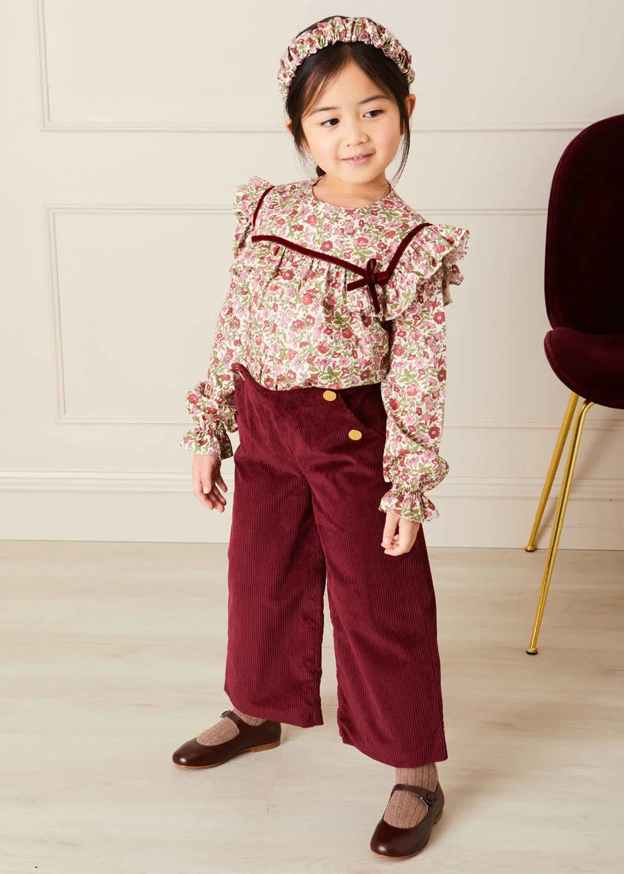 Burgundy Corduroy Wide Leg Pants with Gold Buttons for Girls (4-10 Years) - Stylish and Comfortable Fall Winter Outfit for School, Playdates & Family Photos