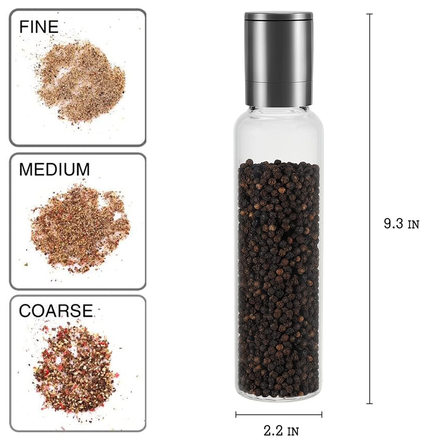 Premium Stainless Steel Salt and Pepper Grinder Set - Adjustable Ceramic Mill with Borosilicate Glass - Refillable Spice Grinder for Kitchen - 9.3
