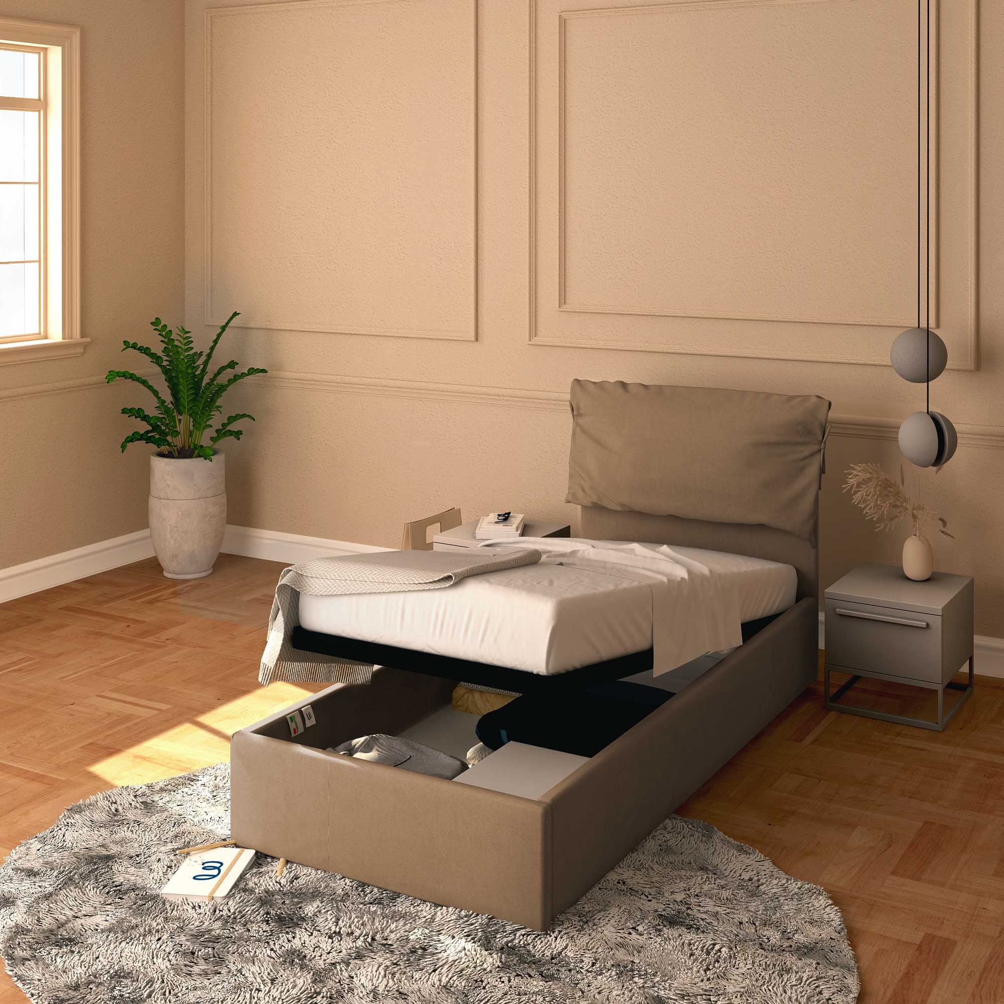 Baldiflex Single Bed Frame with Storage - Licia Soft Synthetic Leather Upholstery, Slatted Base for 90x200cm Mattress, Padded Headboard in Mole Gray - Perfect for Small Bedrooms, Guest Rooms & Studio Apartments