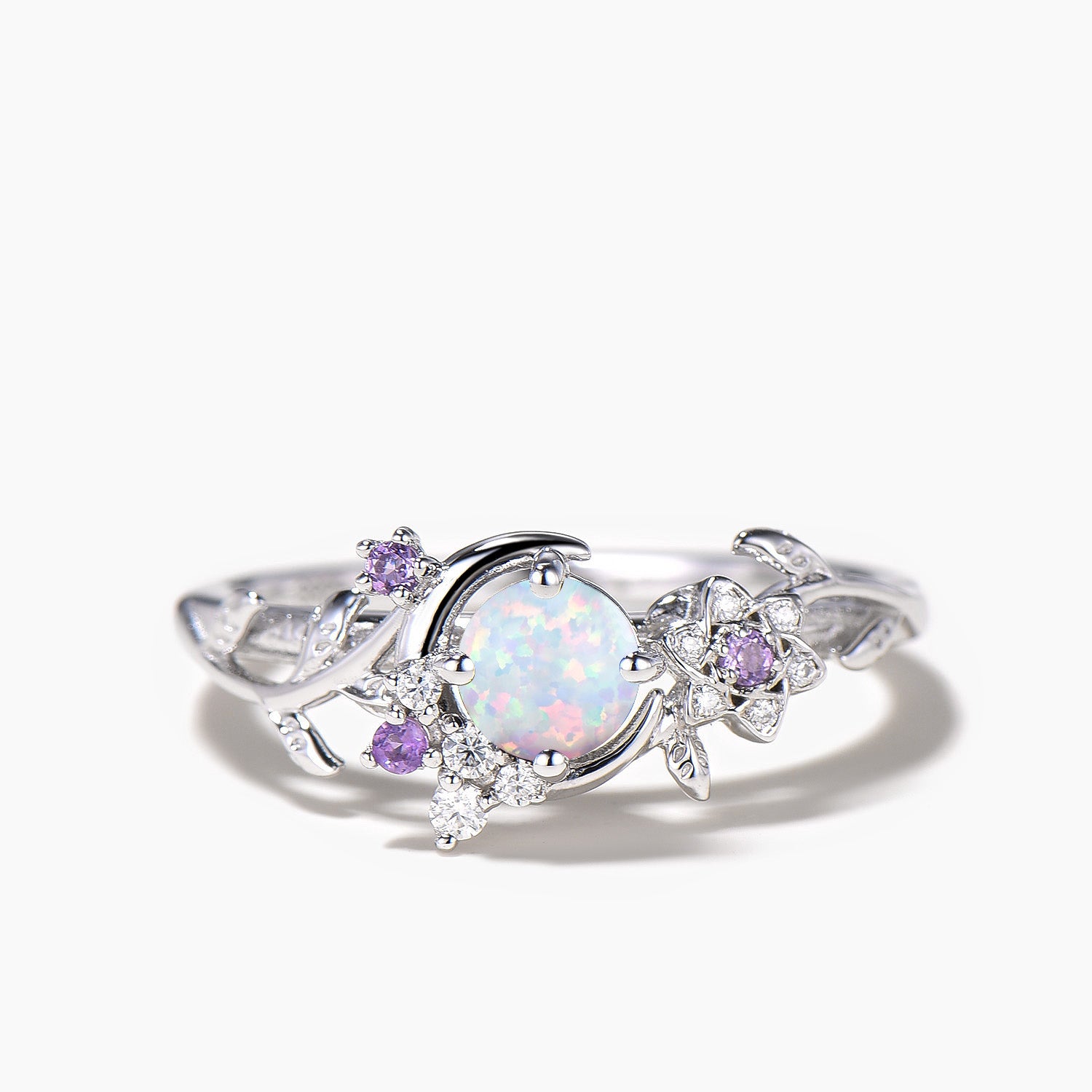Round Cut Opal Engagement Ring - Crescent Moon Cluster Amethyst Leaf Vine Wedding Band for Women | Perfect for Bridal Jewelry, Anniversary Gifts & Boho Fashion Accessories