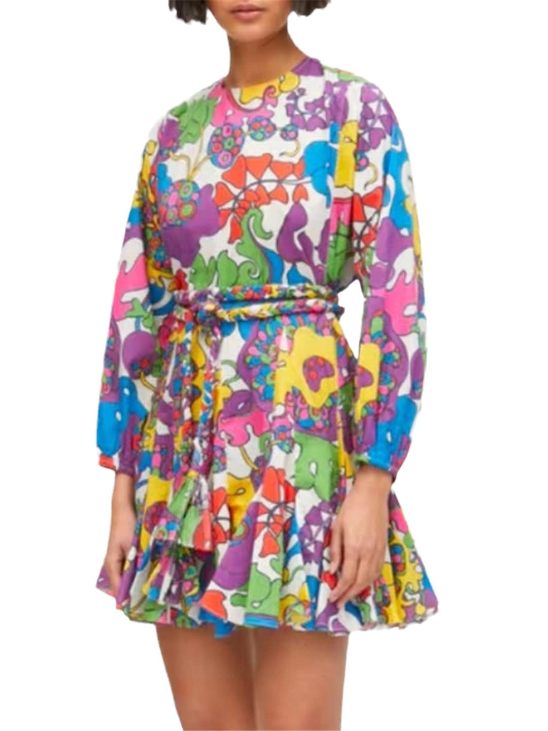 Vintage Colorblock Print Dress for Women - O Neck Long Lantern Sleeve Lace Up High Waist Flowy Dress | Perfect for Parties, Weddings & Date Nights