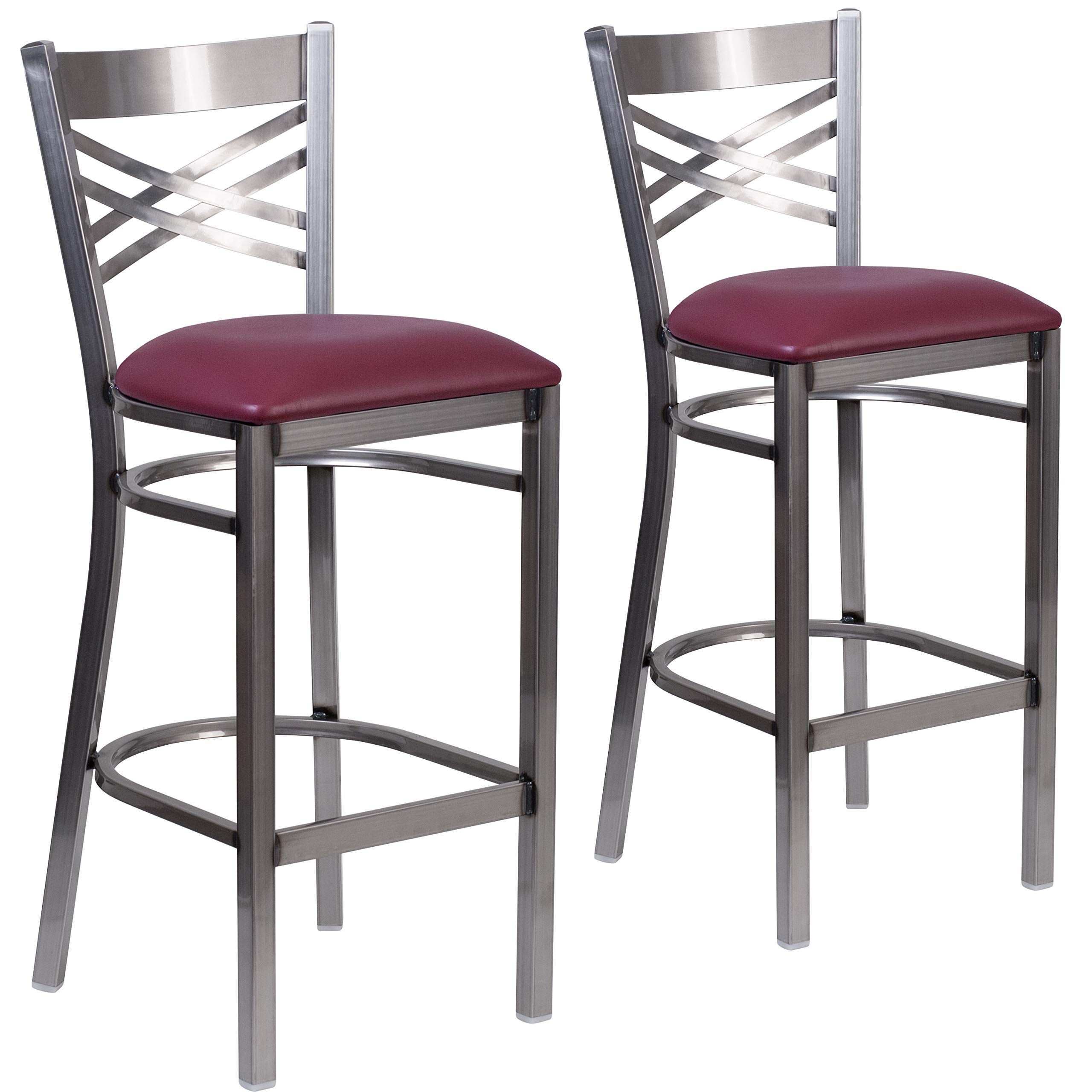 2 Pack Clear Coated X-Back Metal Bar Stools with Burgundy Vinyl Seat - Heavy Duty Counter Height Stools for Kitchen Island, Restaurant, Bar & Home Decor