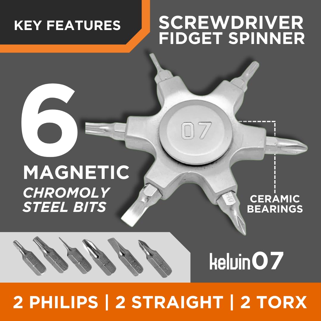 Kelvin Tools Kelvin 07 Fidget Spinner Multitool - Pocket Spinner with 6 Chromoly Steel Bits (2 Flat, 2 Phillips, 2 Torx) | Compact Screwdriver for Adults | Perfect for Office, Home Repair, Camping & EDC Gear
