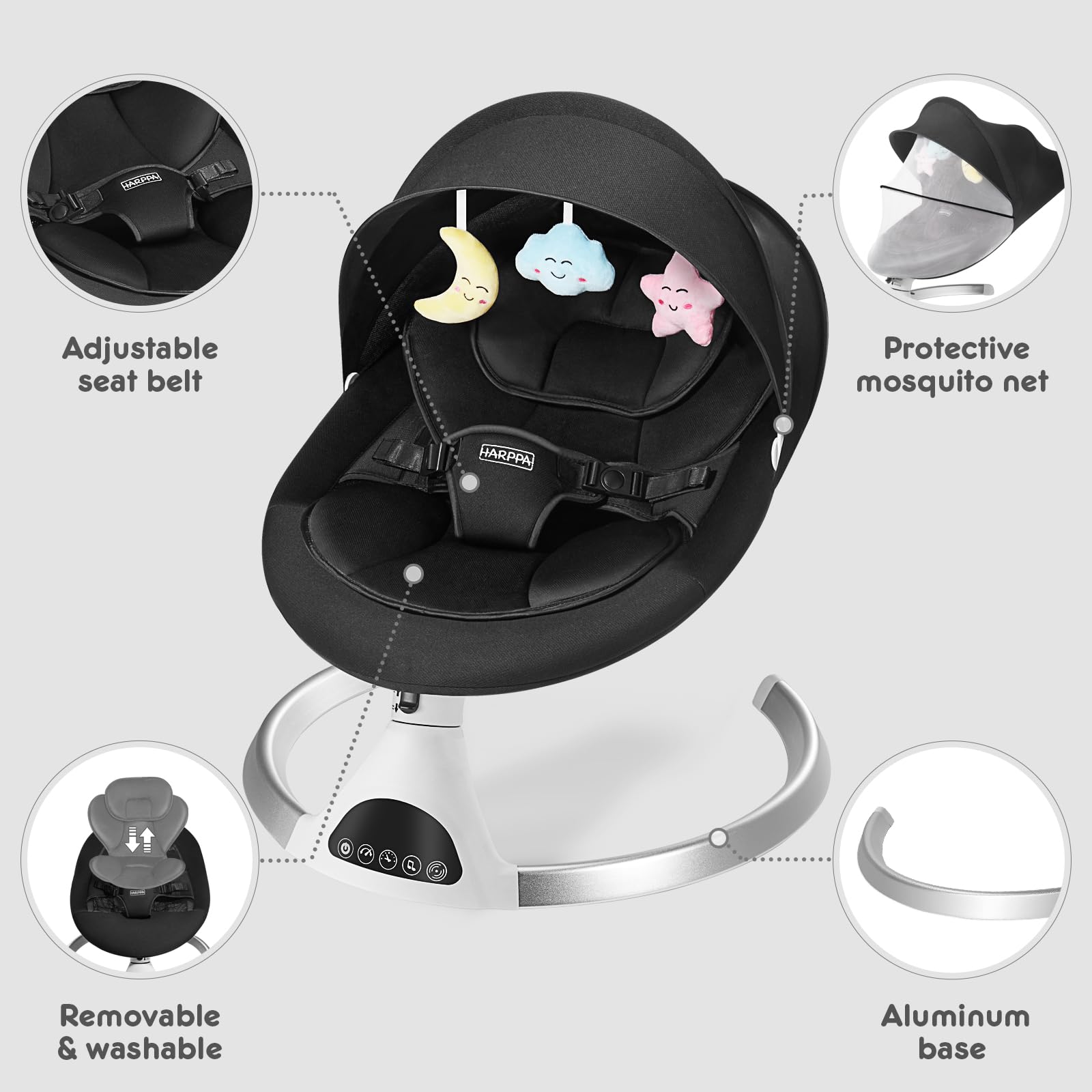 HARPPA Electric Baby Swing for Infants to Toddlers - Portable Baby Swing with 5 Speed Settings, Remote Control, Music Speaker, 12 Lullabies & Bluetooth (Black) - Perfect for Newborn Boys & Girls at Home, Travel, and Nursery