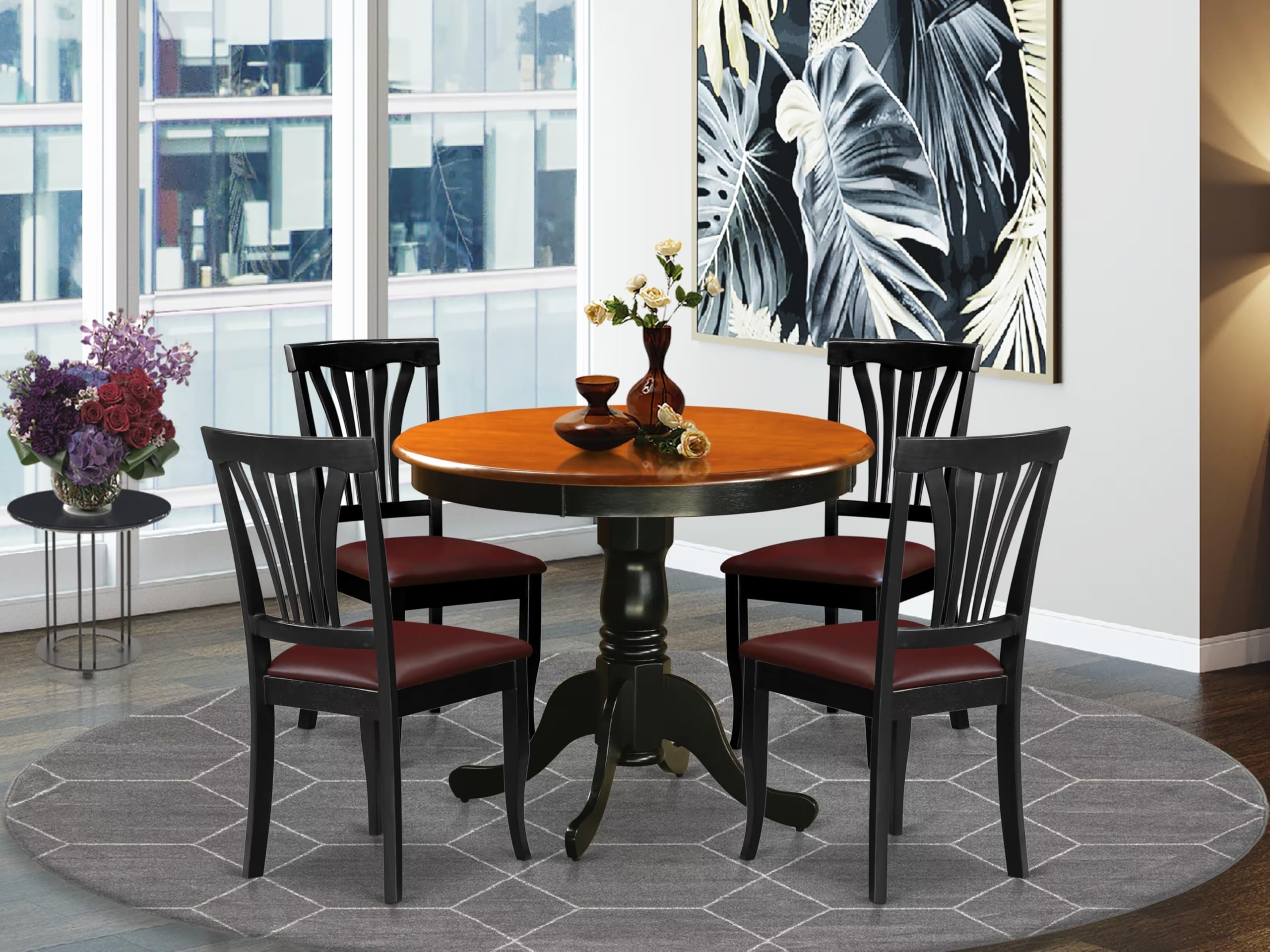 East West Furniture ANAV5-BLK-LC 5-Piece Round Dining Table Set for 4 - 36x36 Inch Black & Cherry Kitchen Table with Pedestal Base & 4 Faux Leather Chairs - Perfect for Small Spaces, Breakfast Nooks & Cozy Family Meals