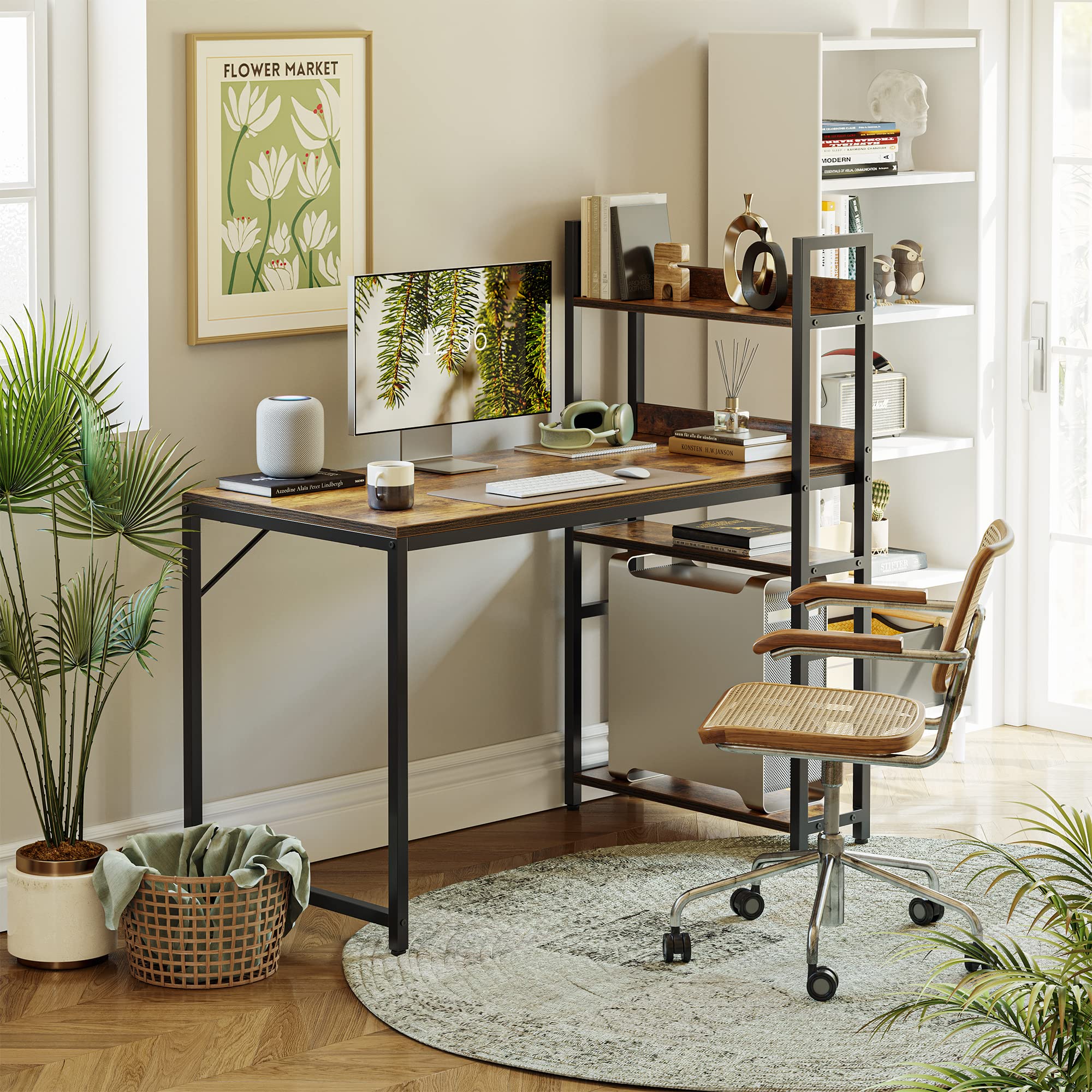 CubiCubi 47 Inch Computer Desk with Storage Shelves & Bookshelf - Reversible Study Desk for Home Office, Writing Table, Modern Simple Style, Brown - Perfect for Small Spaces, Gaming, Remote Work & Online Classes