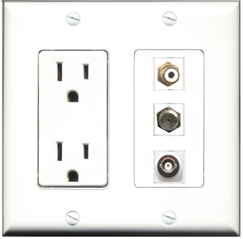 RiteAV 15 Amp Power Outlet with 1 Port RCA, 1 Port Coax, and 1 Port BNC - White Decorative Wall Plate for Home Theater and AV Setup