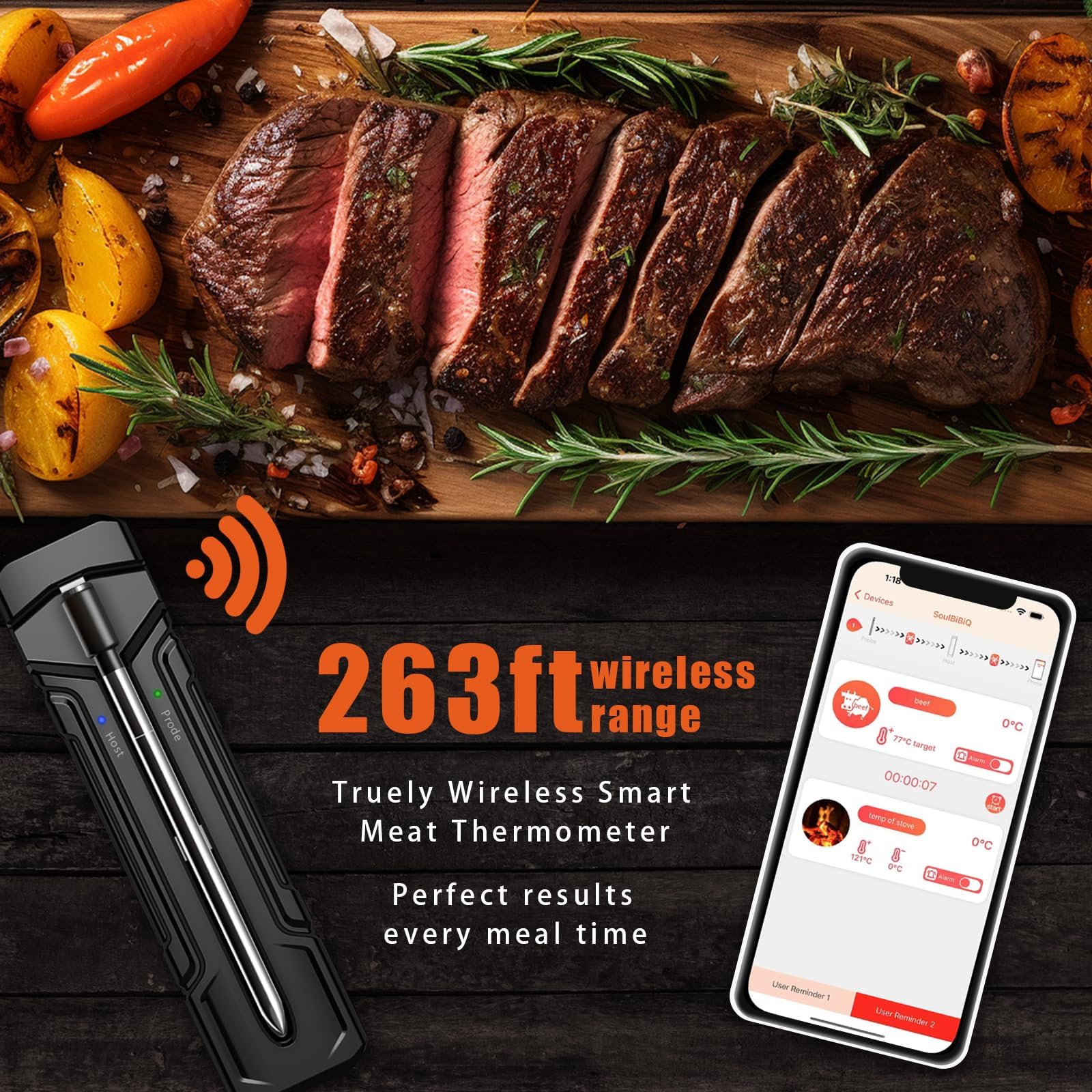 Wireless Meat Thermometer for Grilling, Smoking & BBQ - Digital Food Thermometer with Dual Probes & Smart App for Oven, Smoker, Grill - Perfect for Steak, Turkey, Chicken & Outdoor Cooking