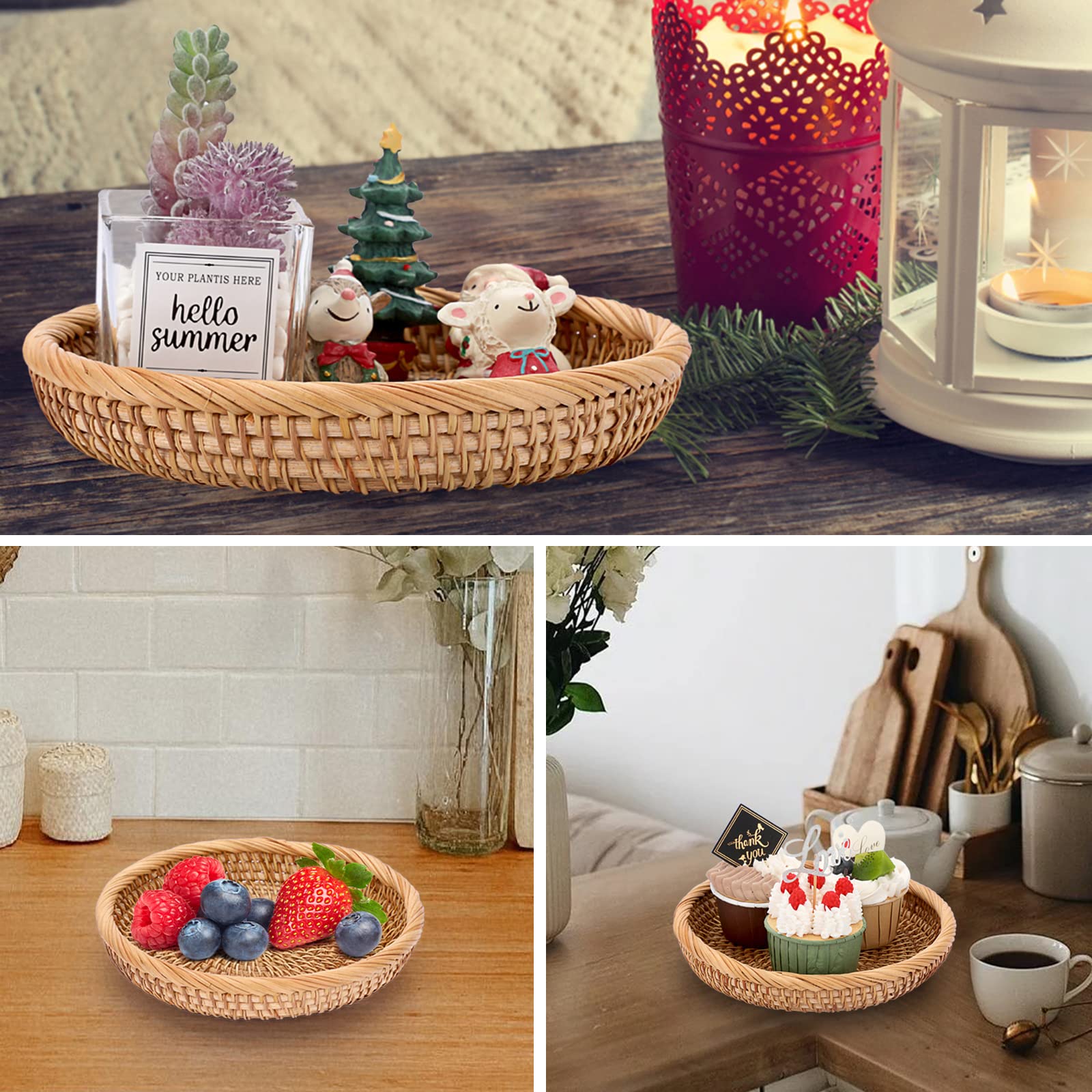 Hipiwe Set of 3 Woven Wicker Storage Baskets - Round Rattan Serving Trays for Keys, Wallet & Cell Phone | Entryway Organizer, Fruit & Snack Bowl | Home Decor for Living Room, Bedroom & Kitchen