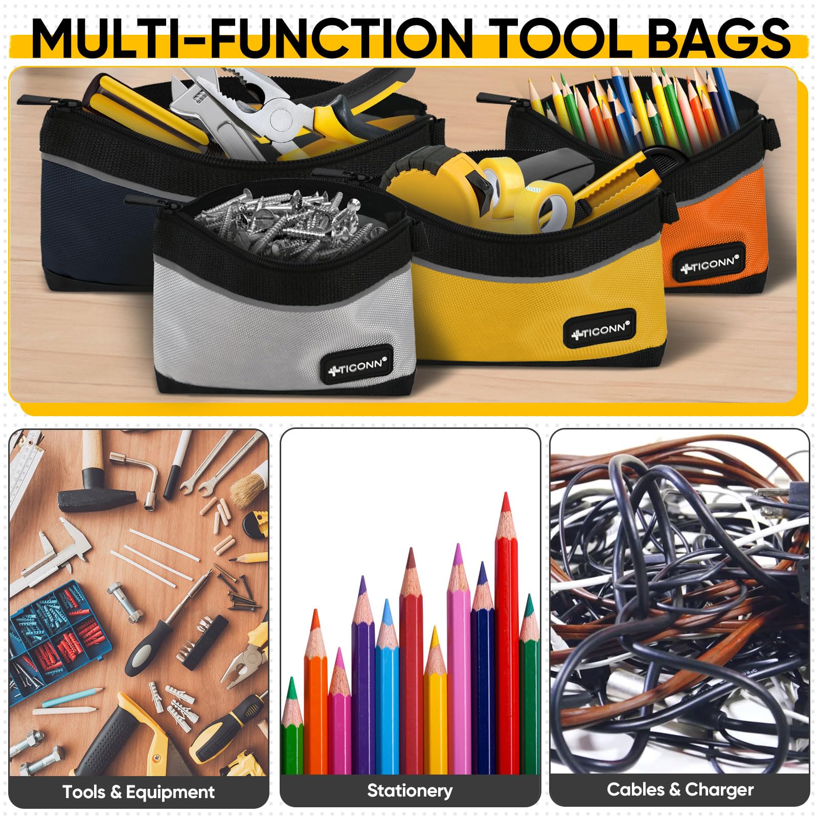 TICONN 1680D Oxford Waterproof Tool Pouch with Zipper - 3 Pack Small Utility Bags for Tool Organizers, Storage & DIY Projects - Ideal for Electricians, Mechanics & Home Repair