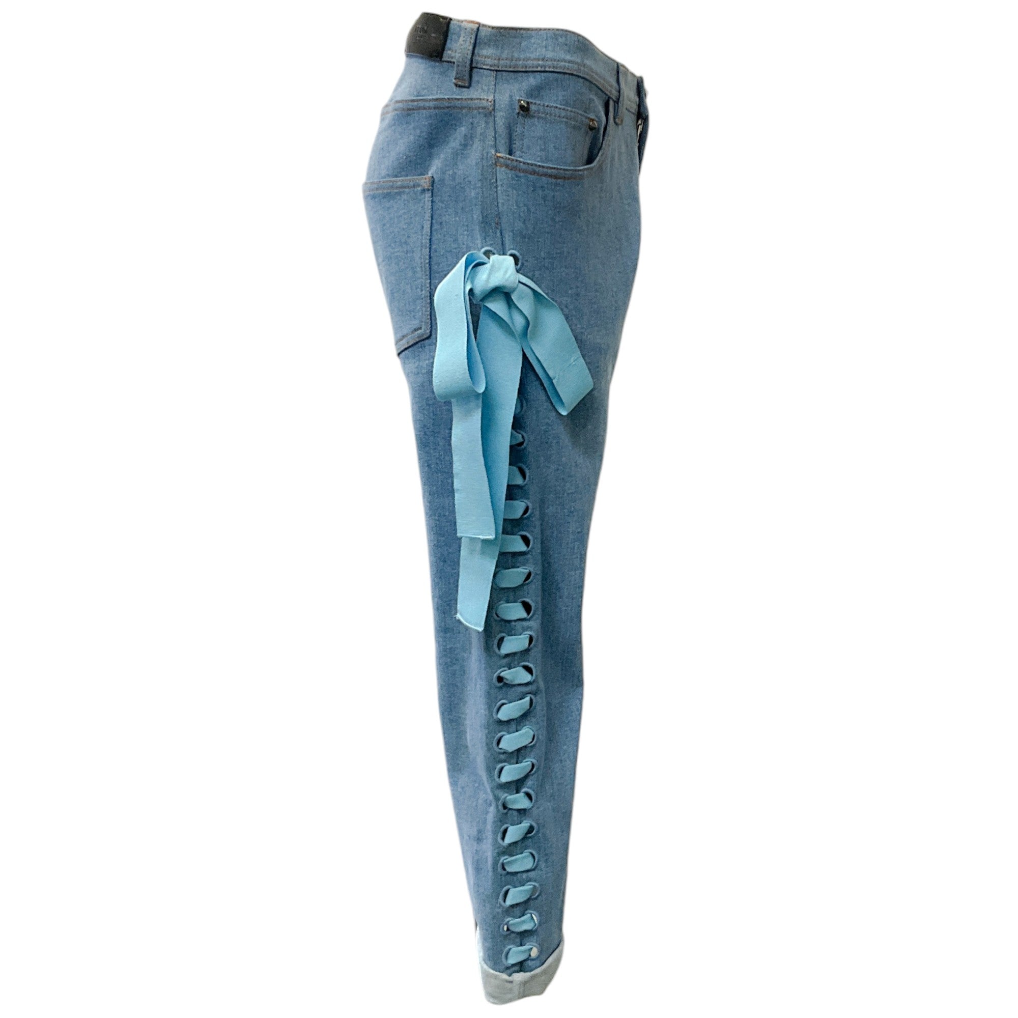 Fendi Cropped Cuffed Jeans with Side Laced Ribbon Detail - High Waist Distressed Denim Pants for Women | Perfect for Casual Outings, Date Nights & Street Style Fashion