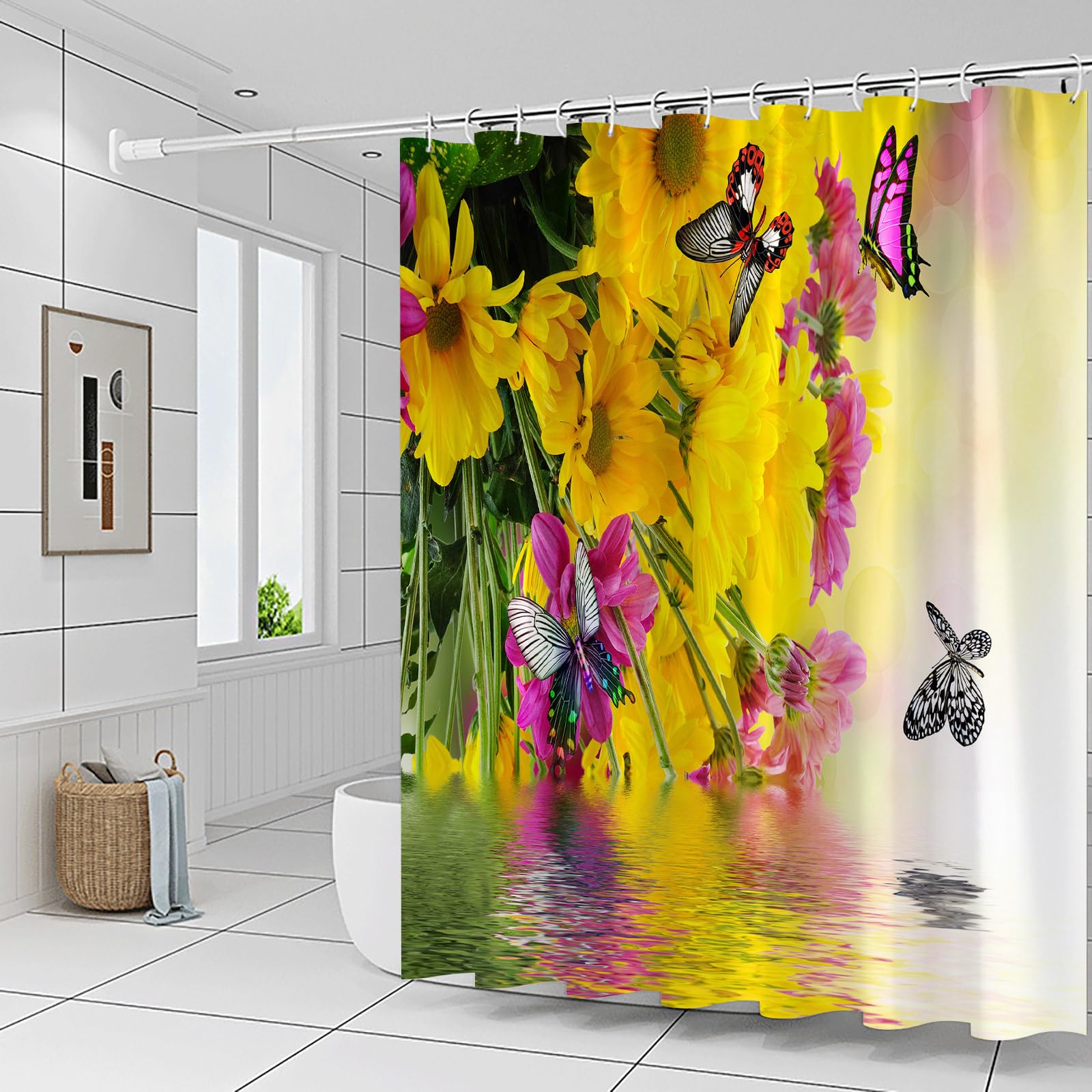Butterfly Shower Curtain - Yellow Floral Spring Scenery with Water Reflection Design - 70x70 Inch Polyester Bathroom Decor Set with Hooks - Perfect for Summer, Boho & Nature-Themed Bathrooms
