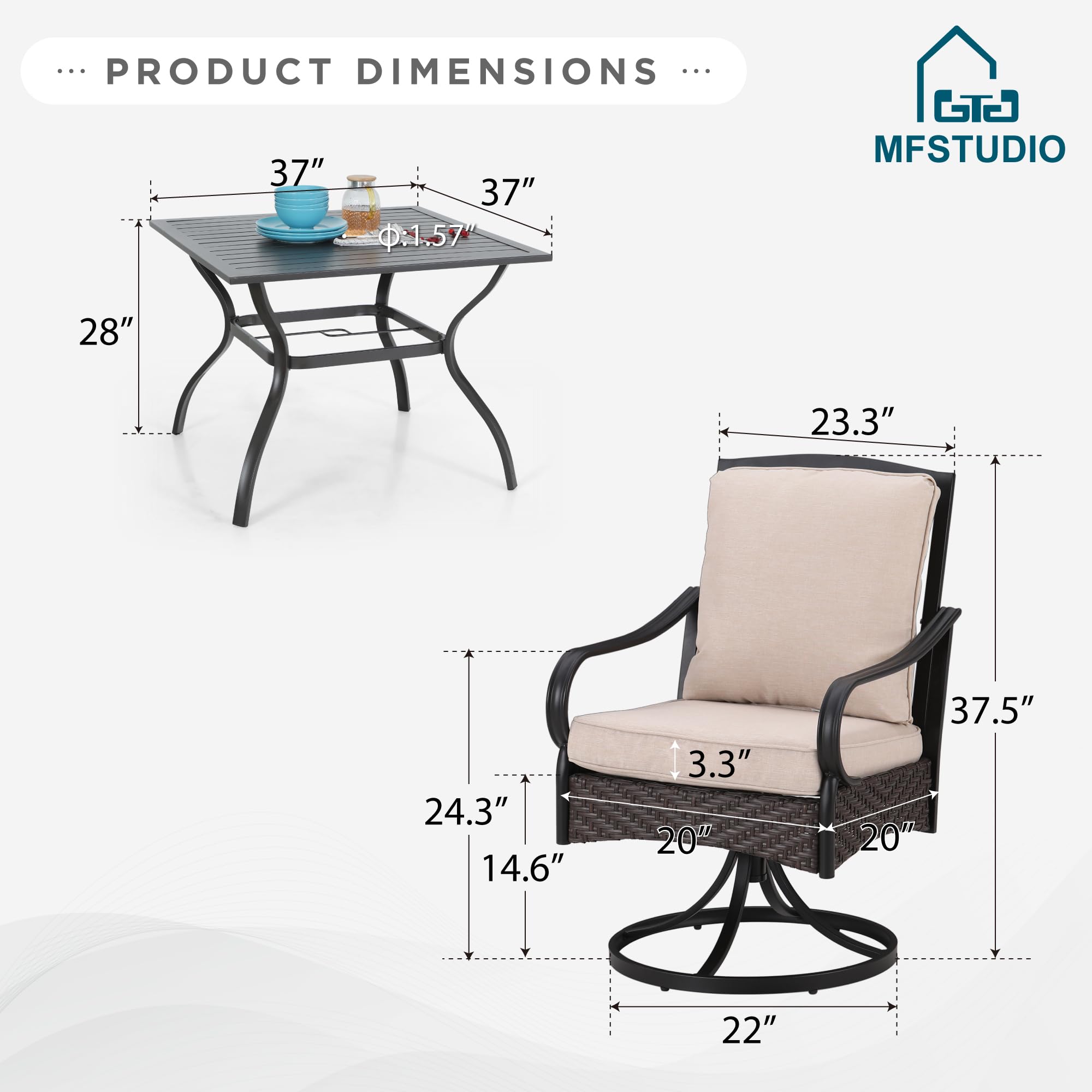 MFSTUDIO 5-Piece Outdoor Rattan Patio Dining Set for 4 with Swivel Chairs & Cushions - Square Metal Frame Table & Weather-Resistant Wicker Furniture - Perfect for Backyard, Garden, Poolside or Balcony Dining