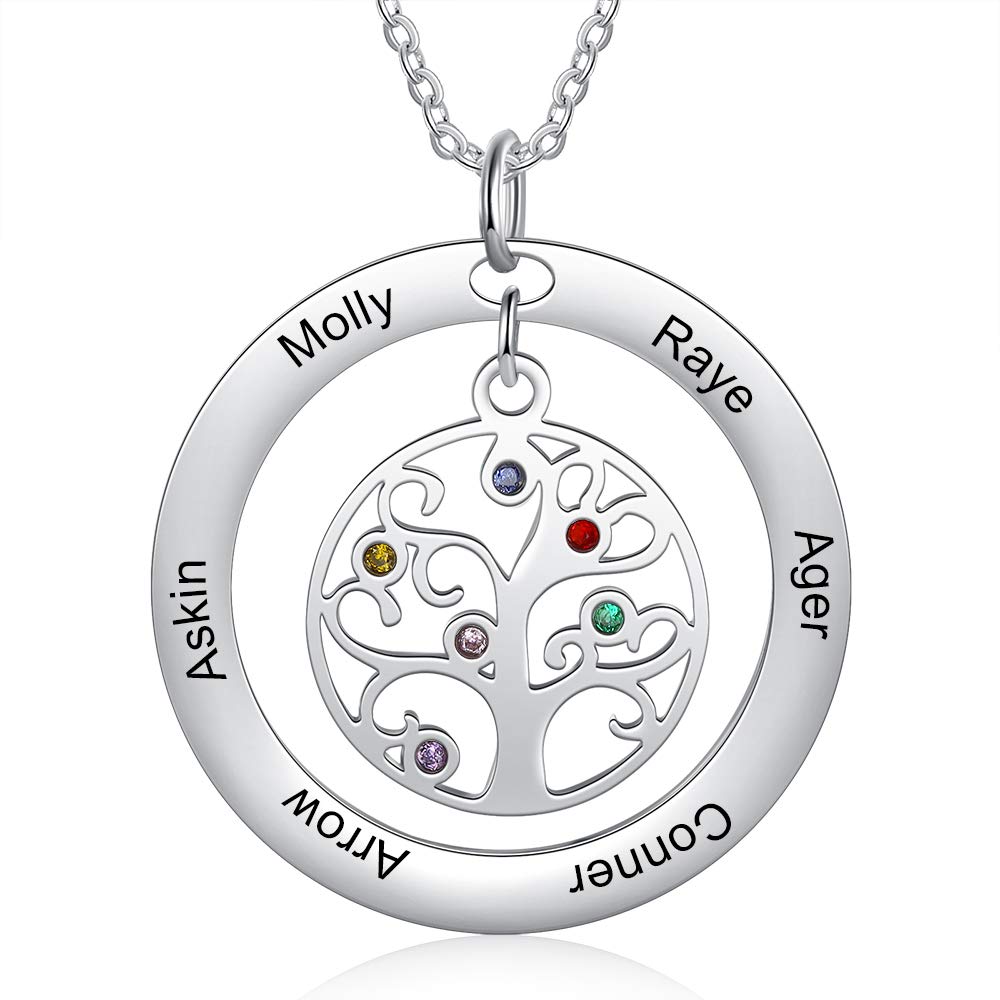 Personalized Tree of Life Necklace for Women - Custom Mother's Pendant with 6 Simulated Birthstones & Engraved Names - Unique Gift for Mom, Grandmother, Wife - Perfect for Mother's Day, Birthday, Anniversary & Family Celebrations