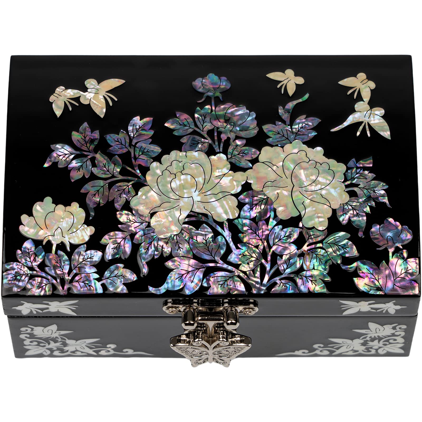 February Mountain Mother of Pearl Jewelry Box with Mirror Lid - Elegant Jewelry Organizer for Earrings, Necklaces, Rings & Bracelets - Perfect Gift for Women - Black | Home Decor & Vanity Storage Solution