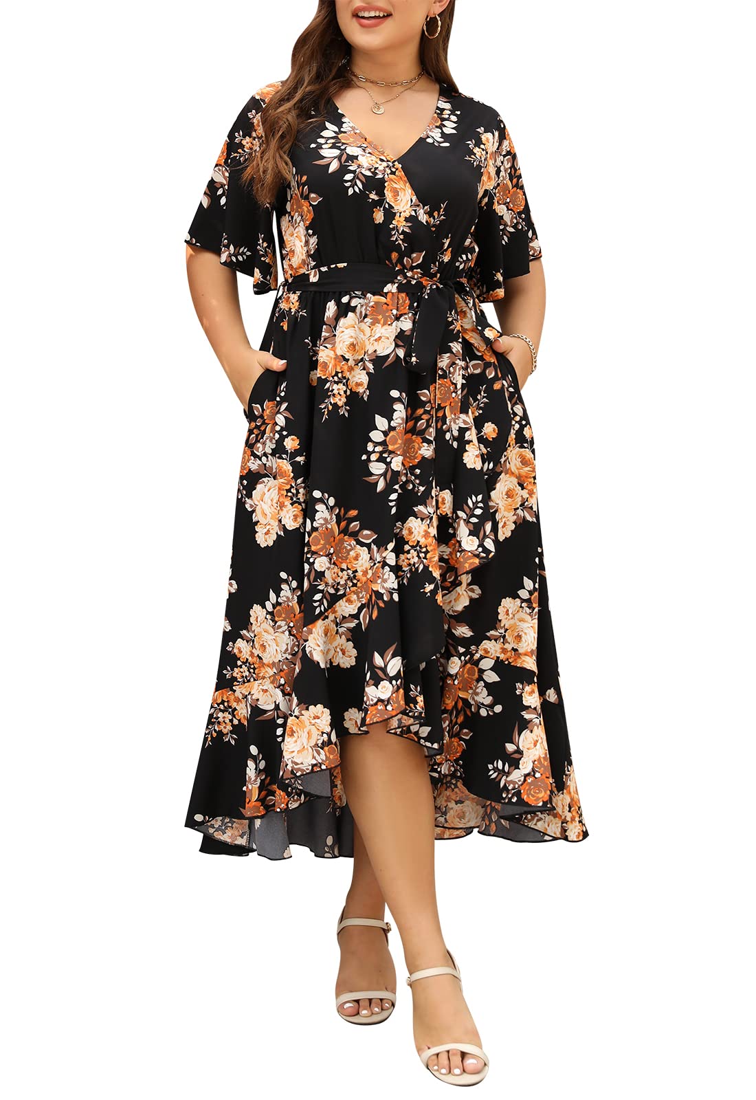 Plus Size Wedding Guest Maxi Dress for Women - Summer Casual Boho Floral Wrap Dress with Sleeves & Pockets | Elegant Church, Garden Party & Beach Wedding Attire